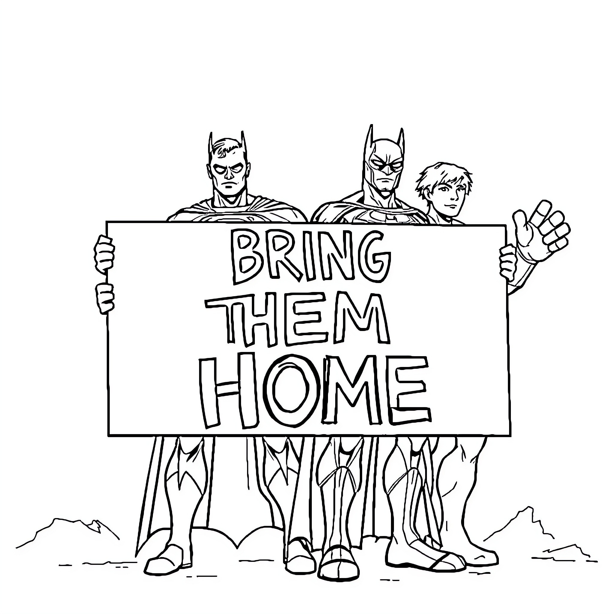 Superhero Team Pleading to Bring Them Home Coloring Page (free black-and-white line drawing printable PDF for all, from beginners to advanced learners, including children, teens, adults, and seniors)