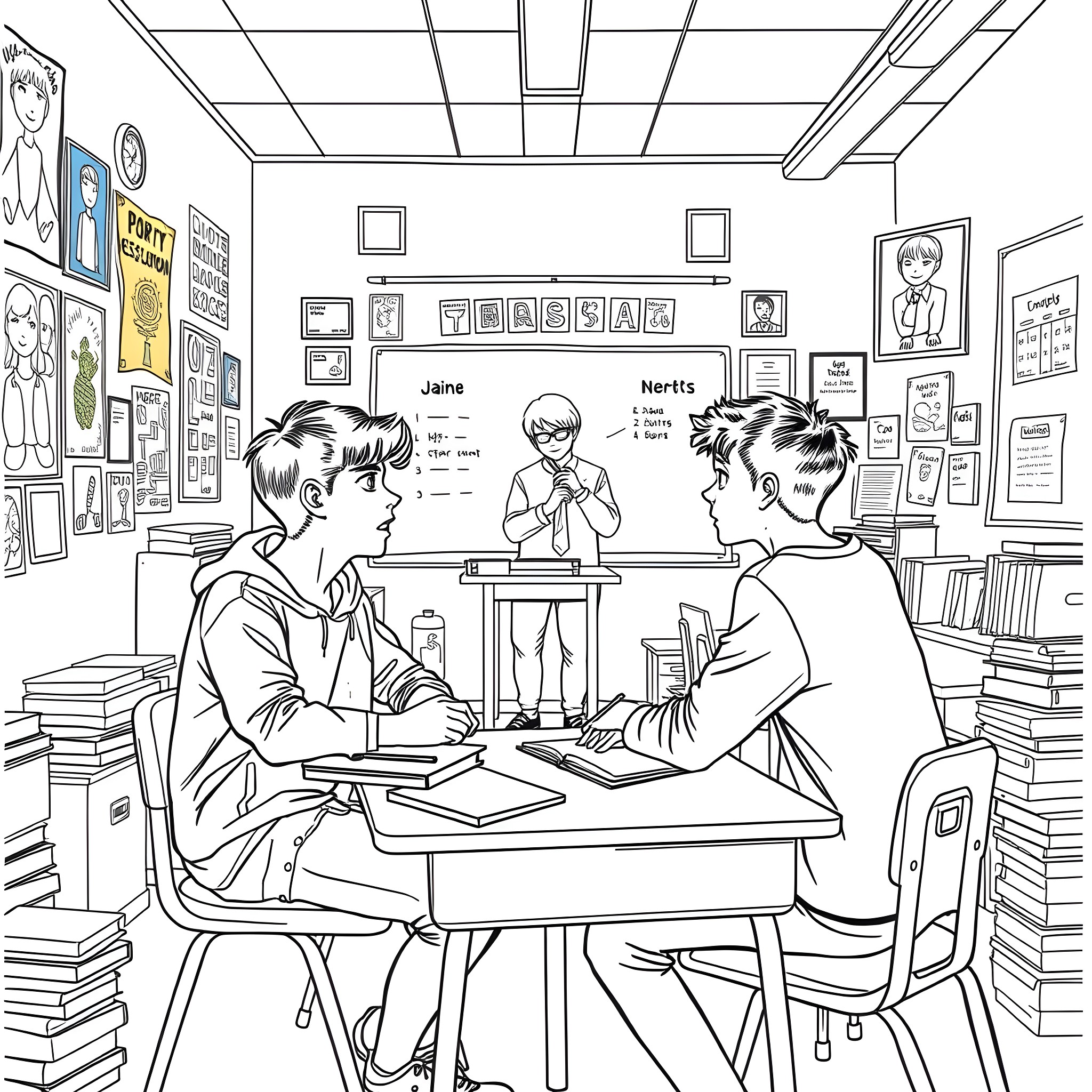 Teen Boys Discussing Something Intently in the Classroom Coloring Page (free black-and-white line drawing printable PDF for all, from beginners to advanced learners, including children, teens, adults, and seniors)