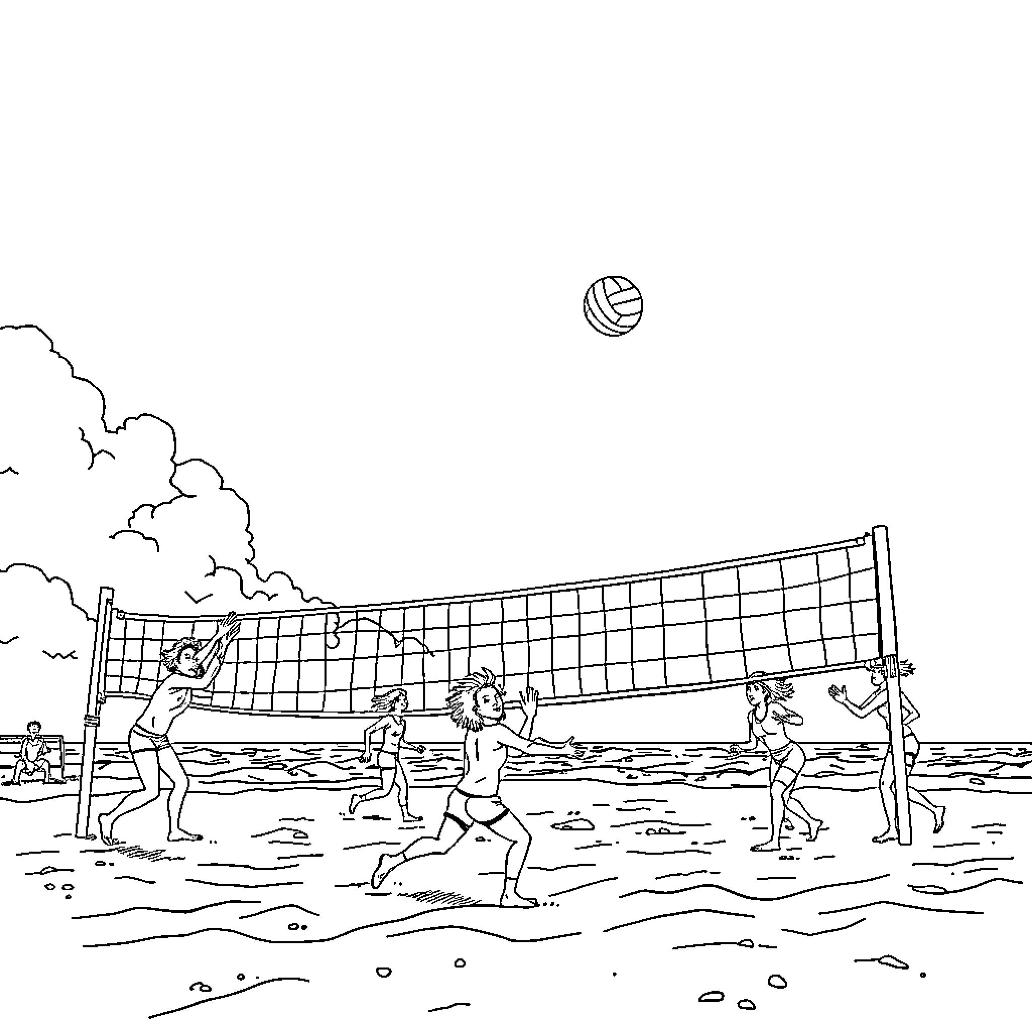 Volleyball players enjoying the beach game Coloring Page (free black-and-white line drawing printable PDF for all, from beginners to advanced learners, including children, teens, adults, and seniors)