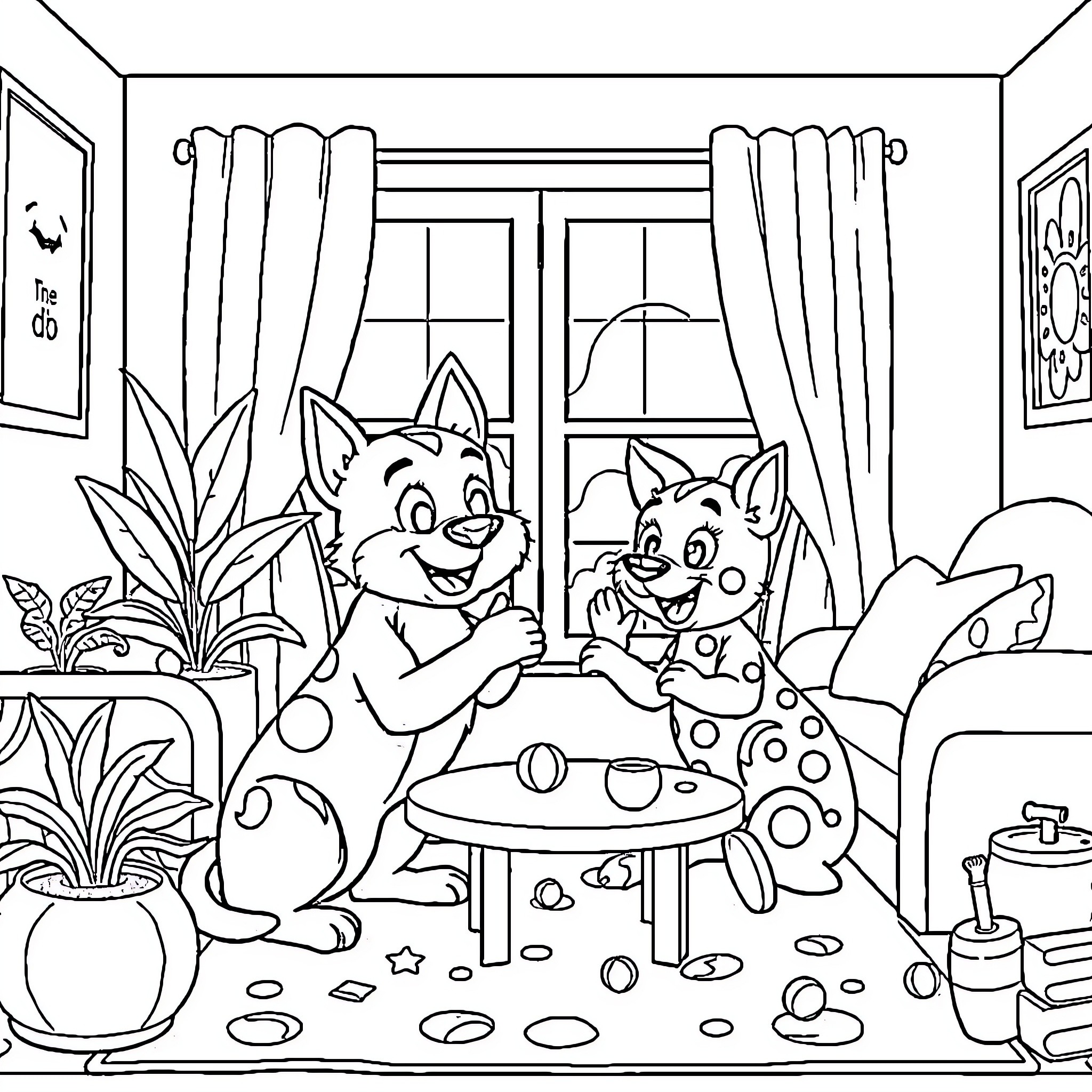 Bluey's Playful Family Gathering Coloring Page (free black-and-white line drawing printable PDF for all, from beginners to advanced learners, including children, teens, adults, and seniors)