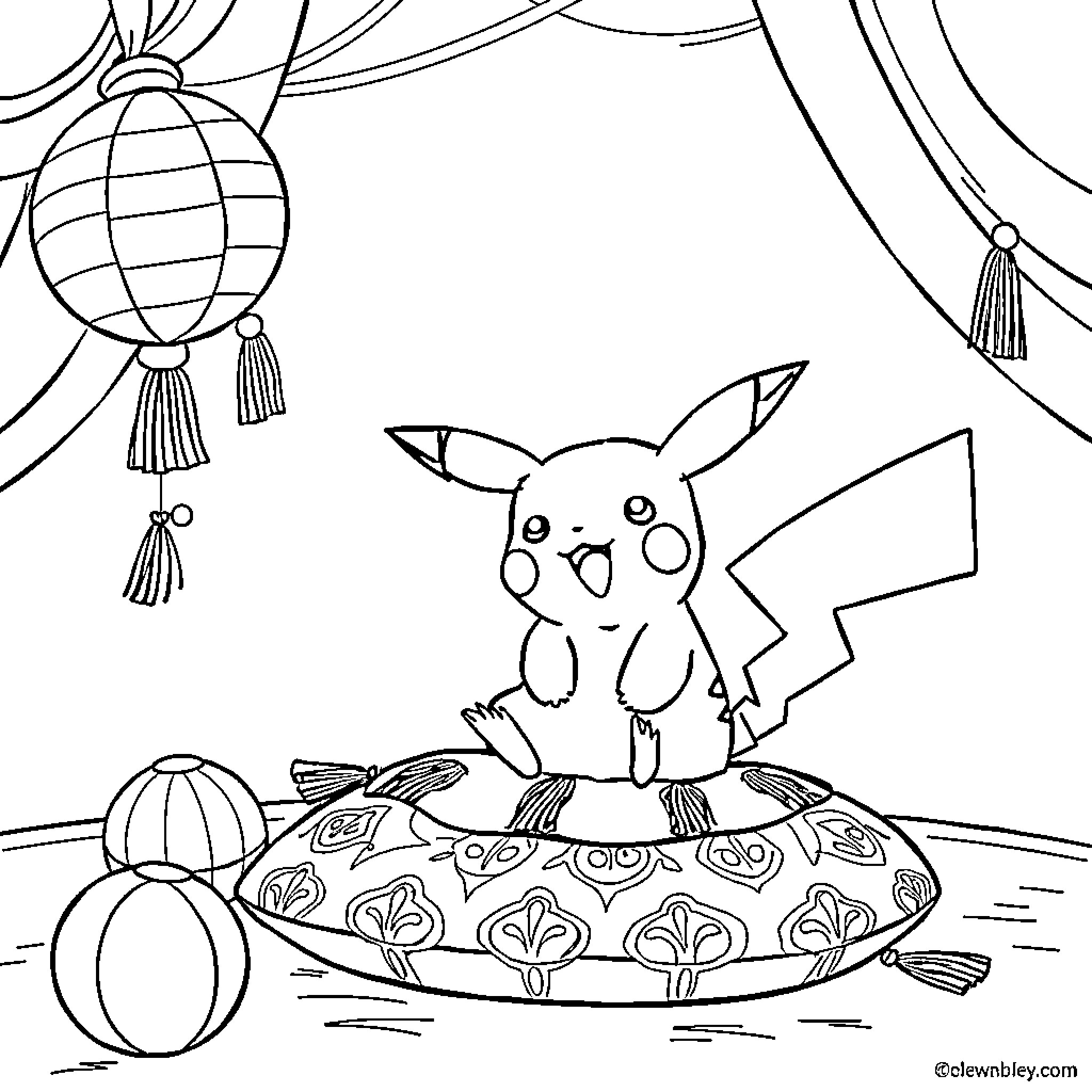 Pikachu playing joyfully with Chinese lanterns Coloring Page (free black-and-white line drawing printable PDF for all, from beginners to advanced learners, including children, teens, adults, and seniors)