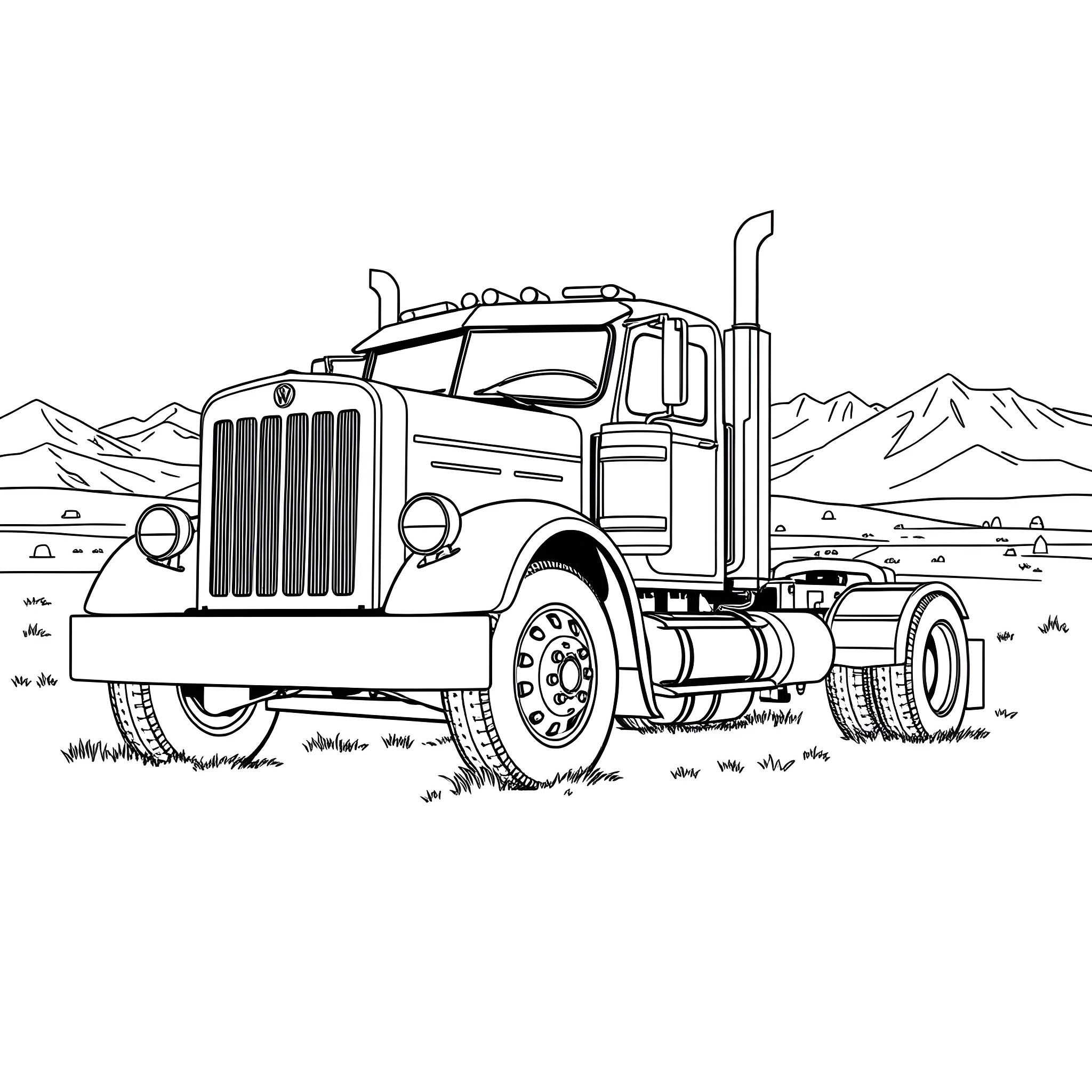 Truck with mountains in the background Coloring Page (free black-and-white line drawing printable PDF for all, from beginners to advanced learners, including children, teens, adults, and seniors)