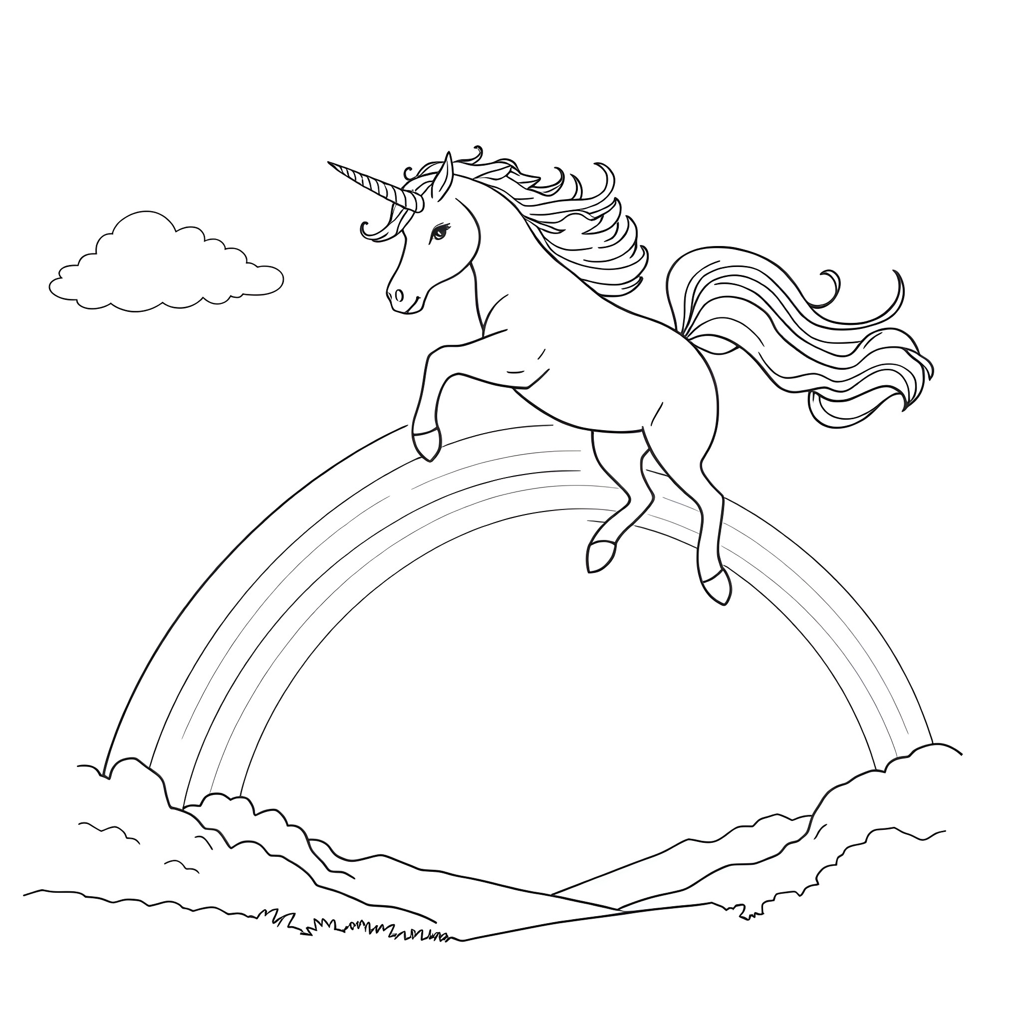 Unicorn leaping over a rainbow in the sky Coloring Page (free black-and-white line drawing printable PDF for all, from beginners to advanced learners, including children, teens, adults, and seniors)