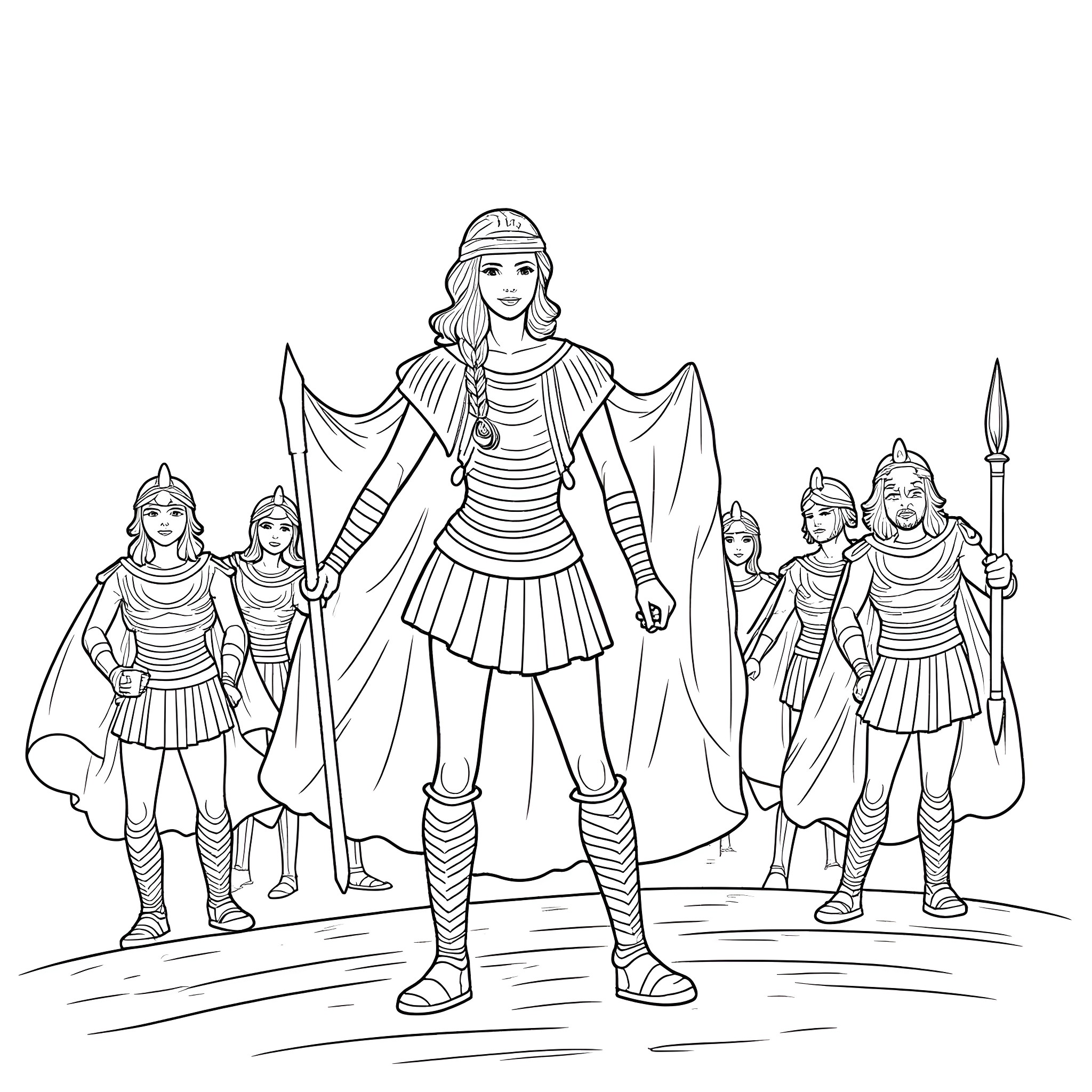 Tessa Wheeler and her warrior companions Coloring Page (free black-and-white line drawing printable PDF for all, from beginners to advanced learners, including children, teens, adults, and seniors)