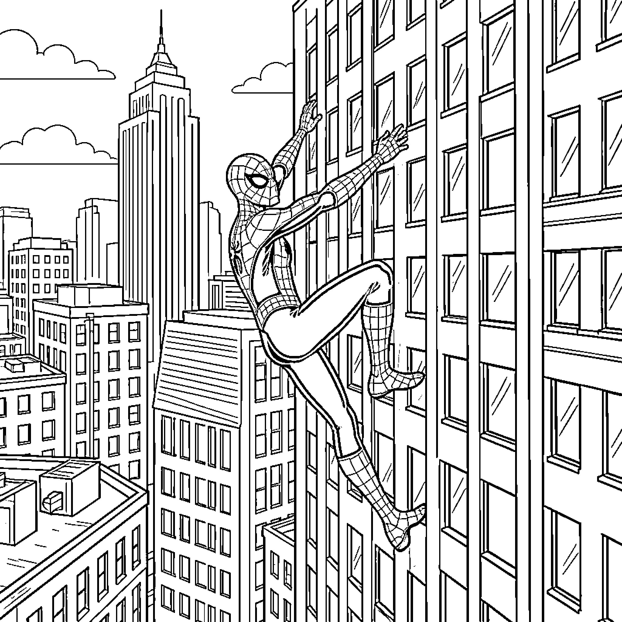 Spiderman swinging through the city skyline Coloring Page (free black-and-white line drawing printable PDF for all, from beginners to advanced learners, including children, teens, adults, and seniors)