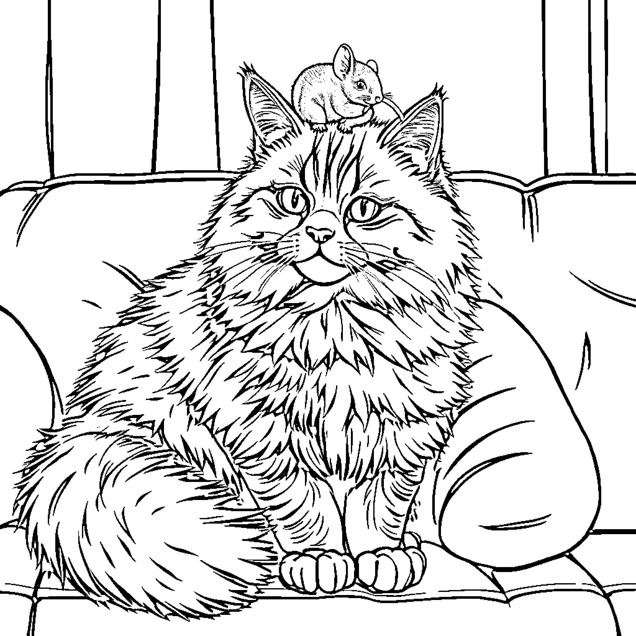 Cat with a curious mouse on its head Coloring Page (free black-and-white line drawing printable PDF for all, from beginners to advanced learners, including children, teens, adults, and seniors)