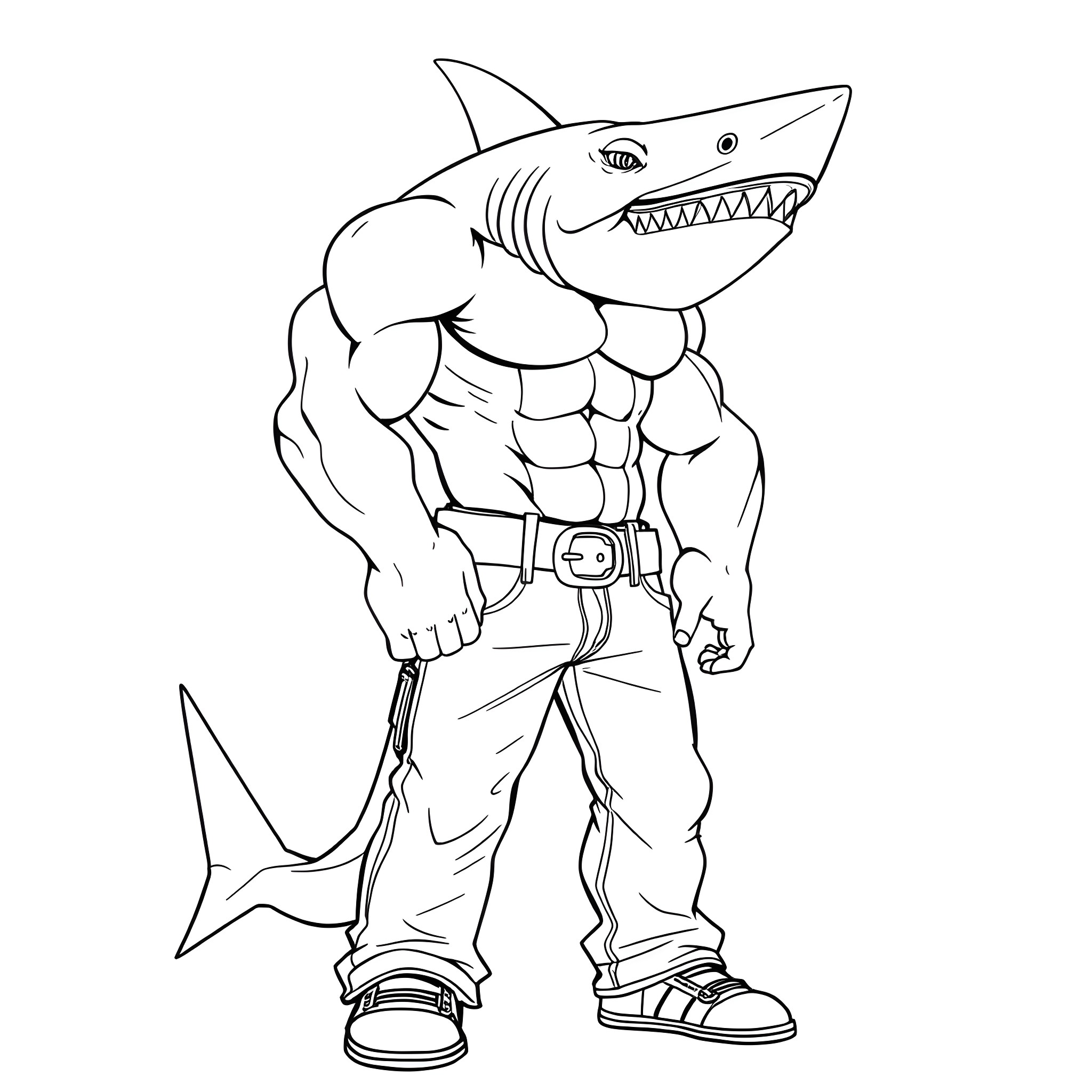 Shark-themed muscular superhero in action pose Coloring Page (free black-and-white line drawing printable PDF for all, from beginners to advanced learners, including children, teens, adults, and seniors)