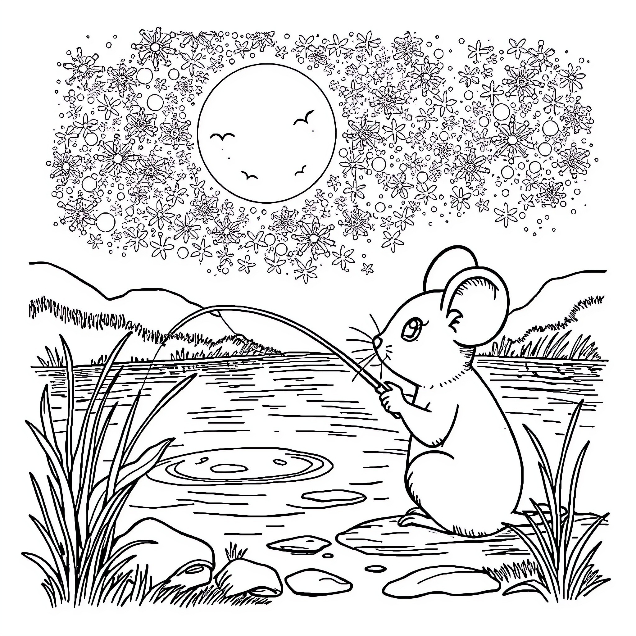 Mouse exploring the tranquil pond under the night sky Coloring Page (free black-and-white line drawing printable PDF for all, from beginners to advanced learners, including children, teens, adults, and seniors)