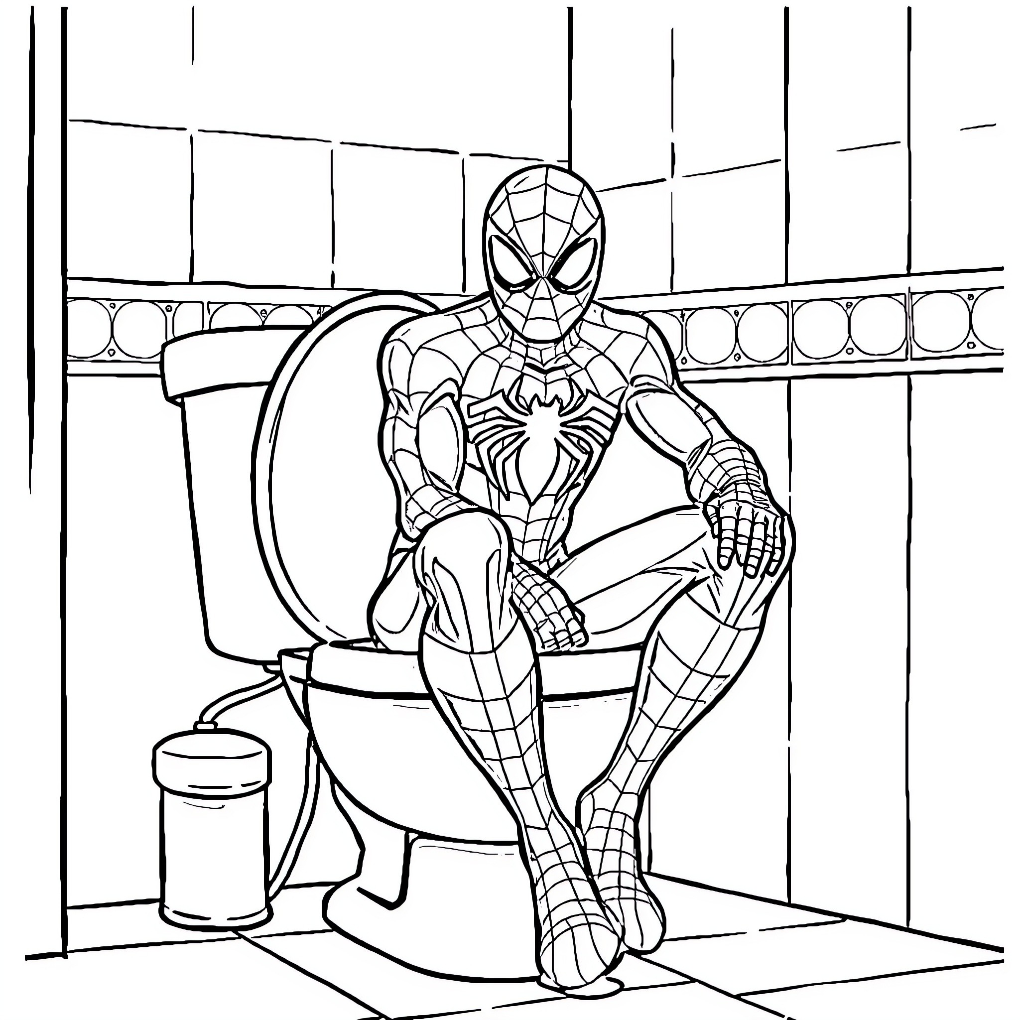 Spiderman sitting on toilet in bathroom Coloring Page (free black-and-white line drawing printable PDF for all, from beginners to advanced learners, including children, teens, adults, and seniors)