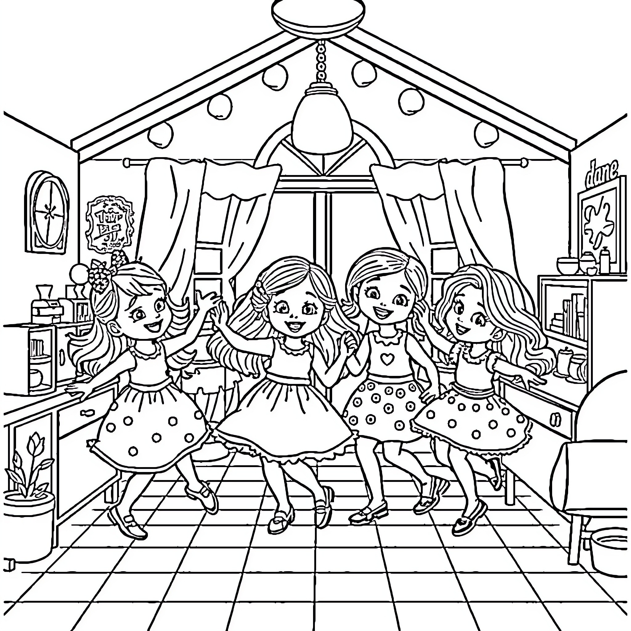 Gabby's Dollhouse: Friends Dancing and Exploring a Playful Room Coloring Page (free black-and-white line drawing printable PDF for all, from beginners to advanced learners, including children, teens, adults, and seniors)