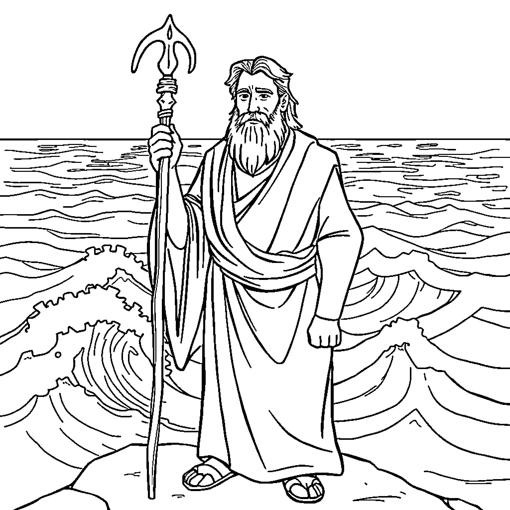 Moses leading the Israelites through the parted sea Coloring Page (free black-and-white line drawing printable PDF for all, from beginners to advanced learners, including children, teens, adults, and seniors)