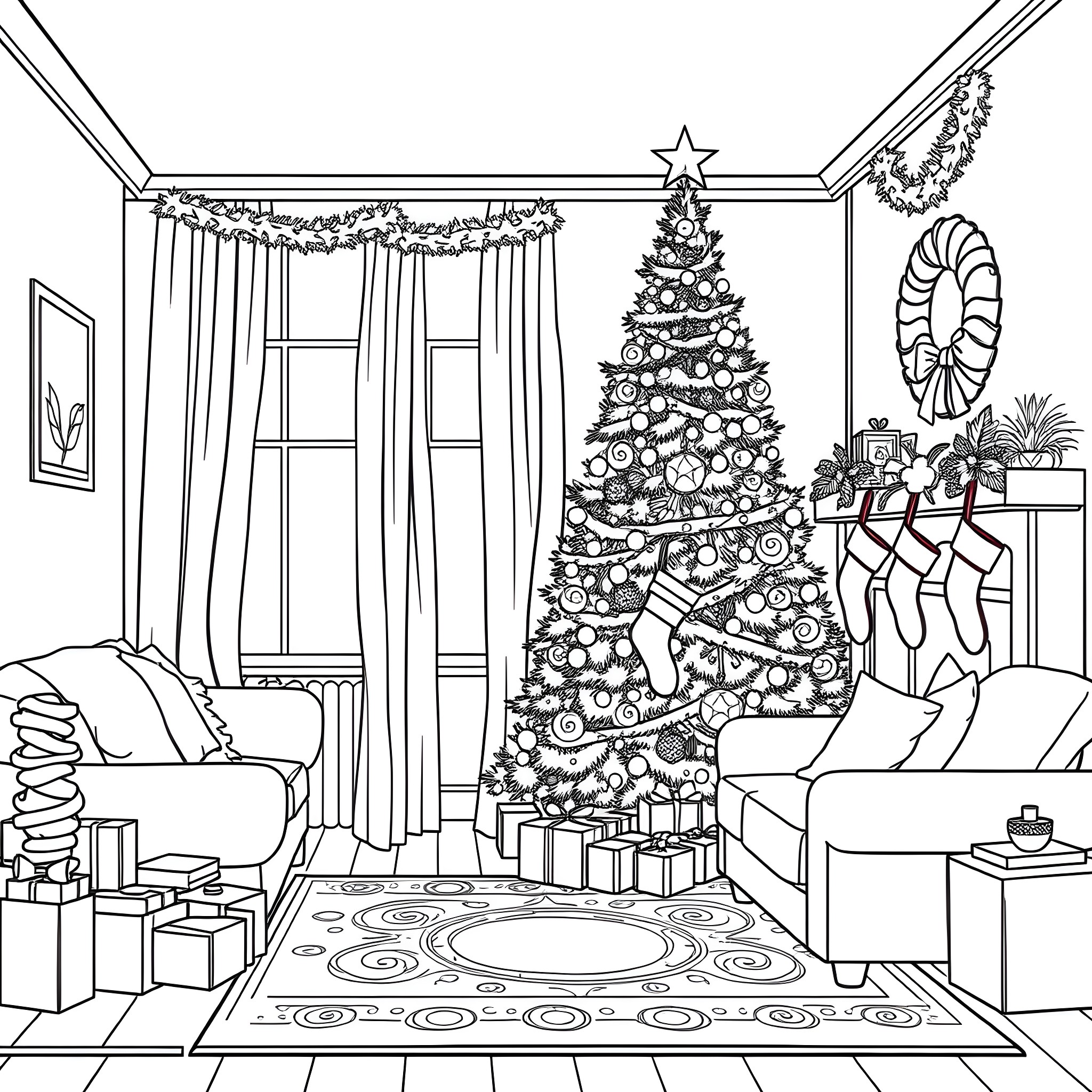 Lavish Christmas Celebration in the Living Room Coloring Page (free black-and-white line drawing printable PDF for all, from beginners to advanced learners, including children, teens, adults, and seniors)