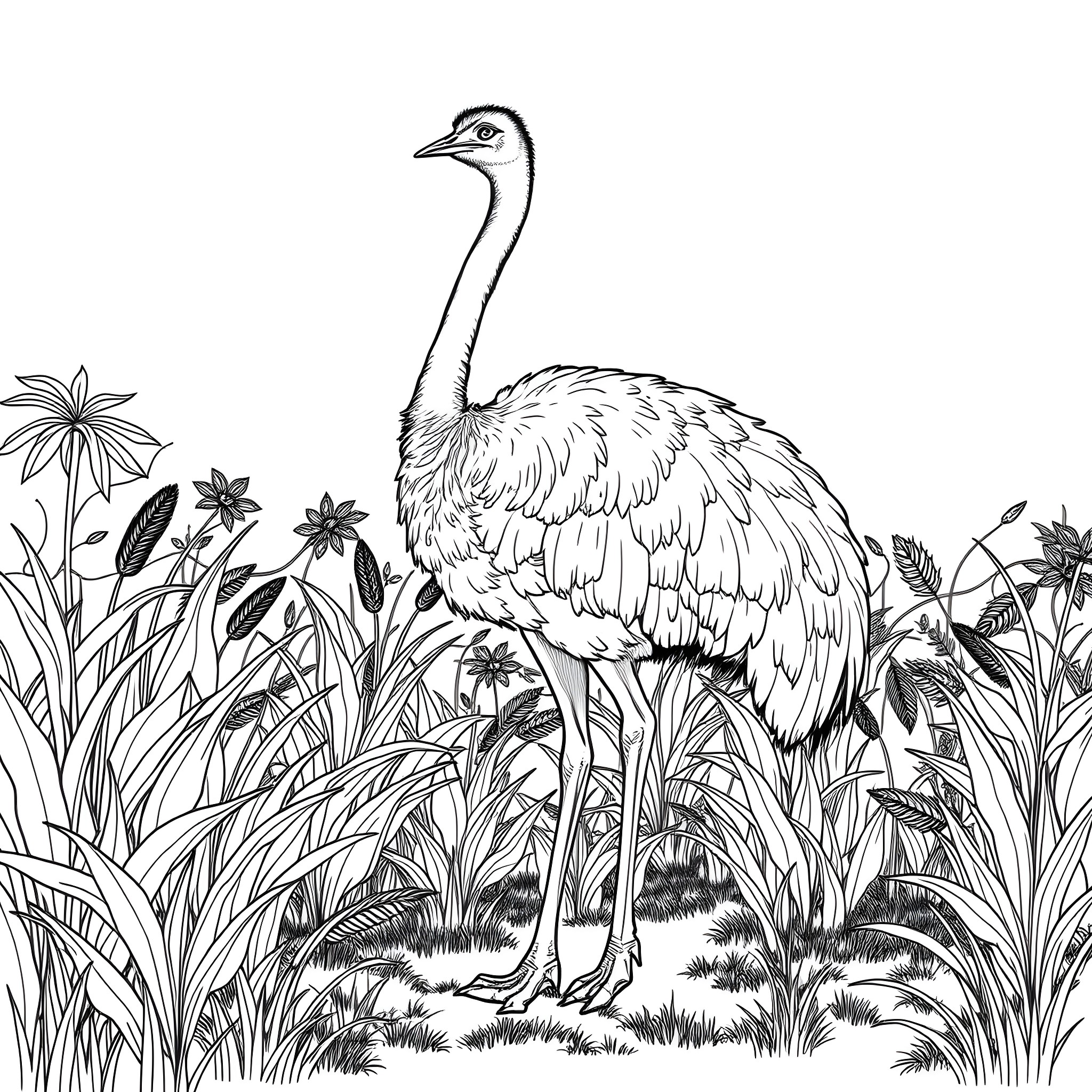 Ostrich standing in a lush, tropical landscape Coloring Page (free black-and-white line drawing printable PDF for all, from beginners to advanced learners, including children, teens, adults, and seniors)