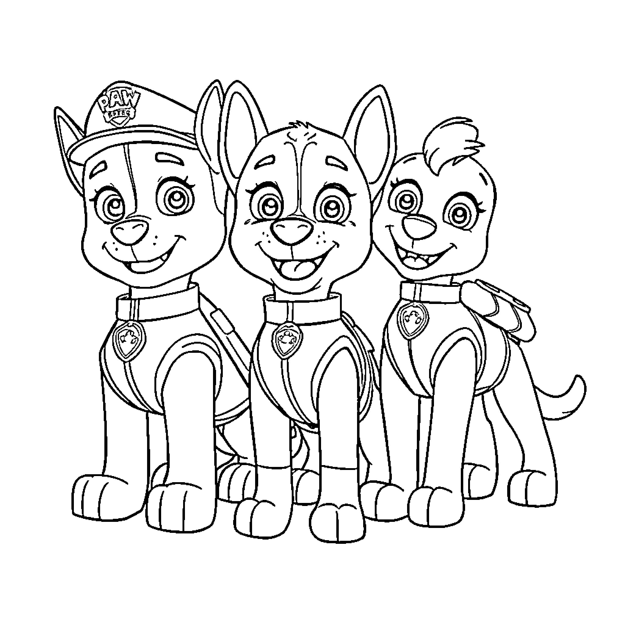 Pup Patrol Team Ready for Adventure Coloring Page (free black-and-white line drawing printable PDF for all, from beginners to advanced learners, including children, teens, adults, and seniors)