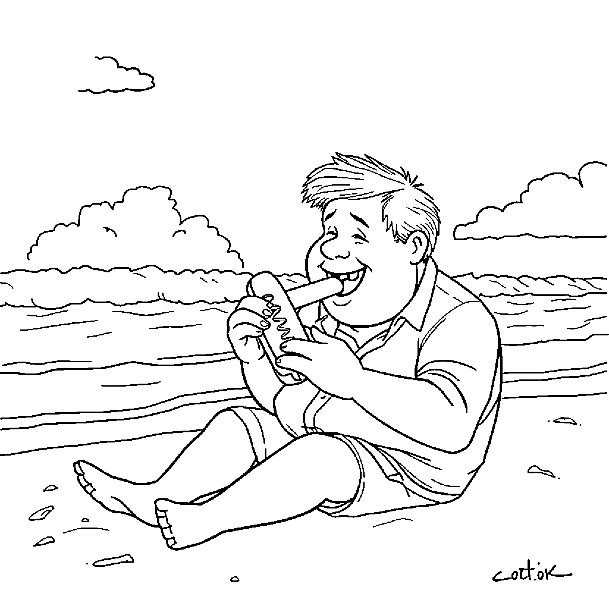 Boris Johnson relaxing on the beach Coloring Page (free black-and-white line drawing printable PDF for all, from beginners to advanced learners, including children, teens, adults, and seniors)