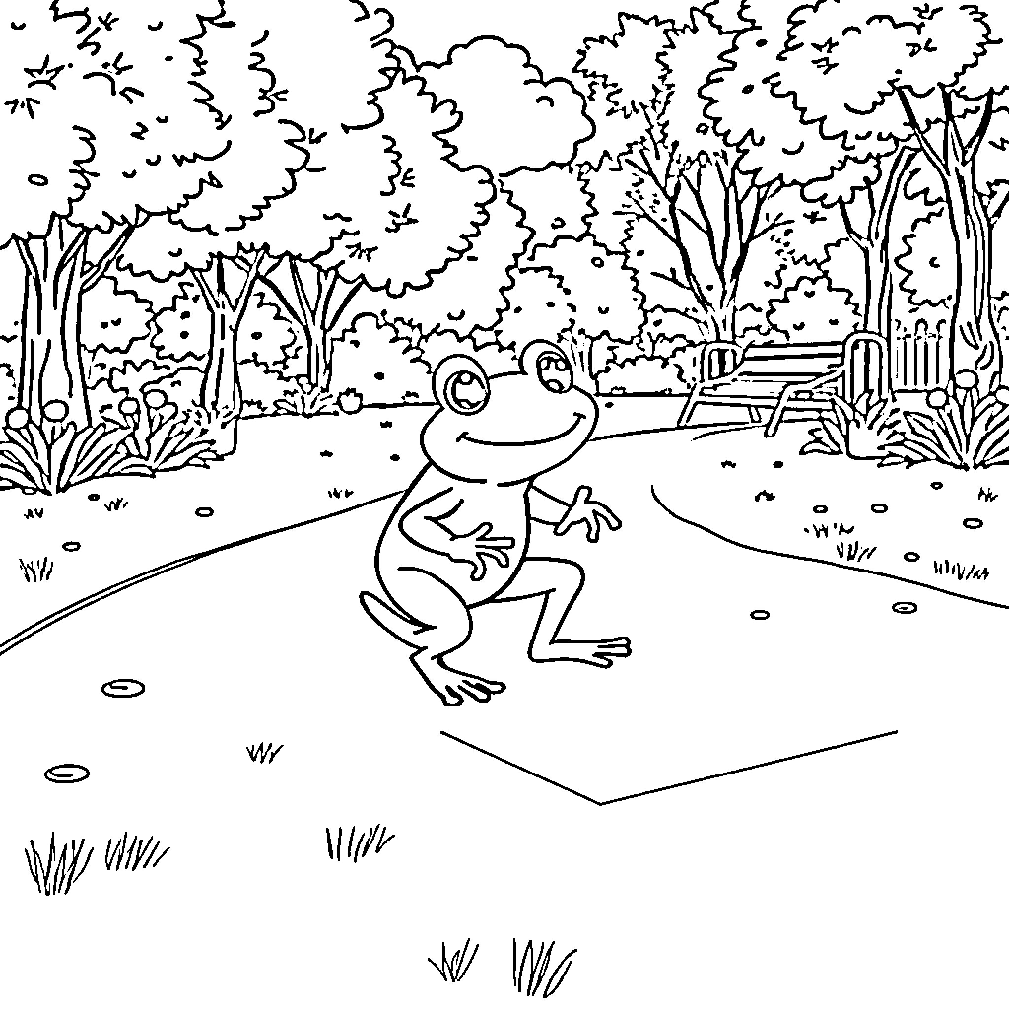 Frog hopping happily in a nature scene Coloring Page (free black-and-white line drawing printable PDF for all, from beginners to advanced learners, including children, teens, adults, and seniors)