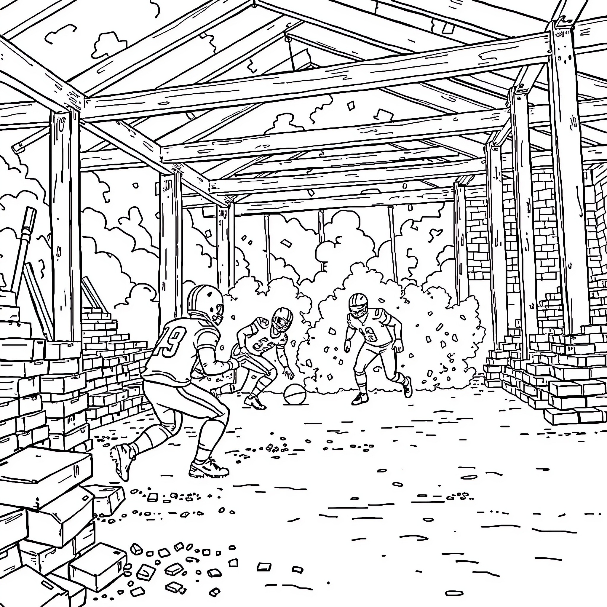 Football Players Engaged in Intense Practice Session Coloring Page (free black-and-white line drawing printable PDF for all, from beginners to advanced learners, including children, teens, adults, and seniors)