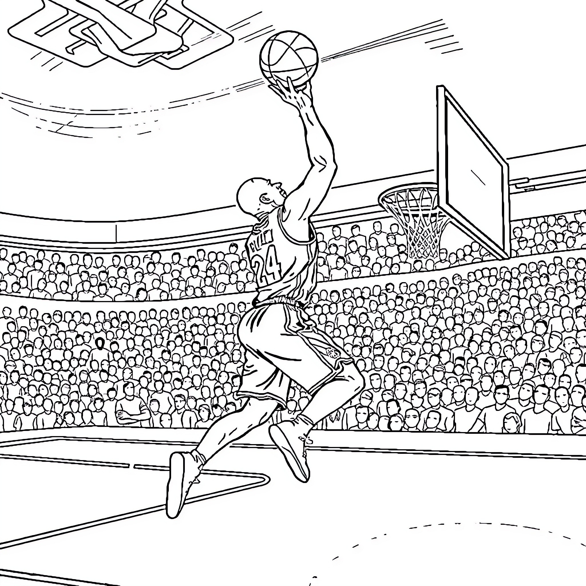 Kobe Bryant Dunking the Basketball in Arena Coloring Page (free black-and-white line drawing printable PDF for all, from beginners to advanced learners, including children, teens, adults, and seniors)