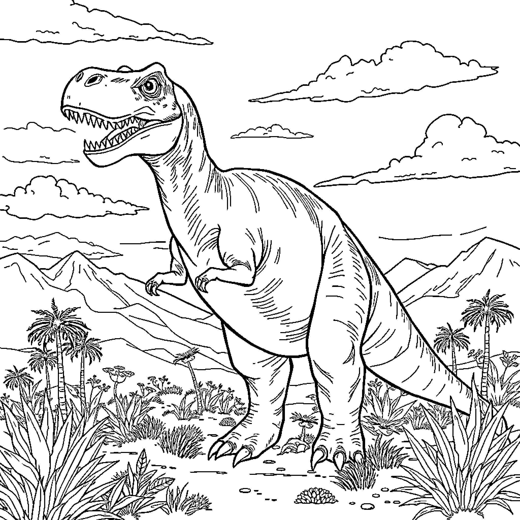 Dinosaur roaming in prehistoric landscape Coloring Page (free black-and-white line drawing printable PDF for all, from beginners to advanced learners, including children, teens, adults, and seniors)