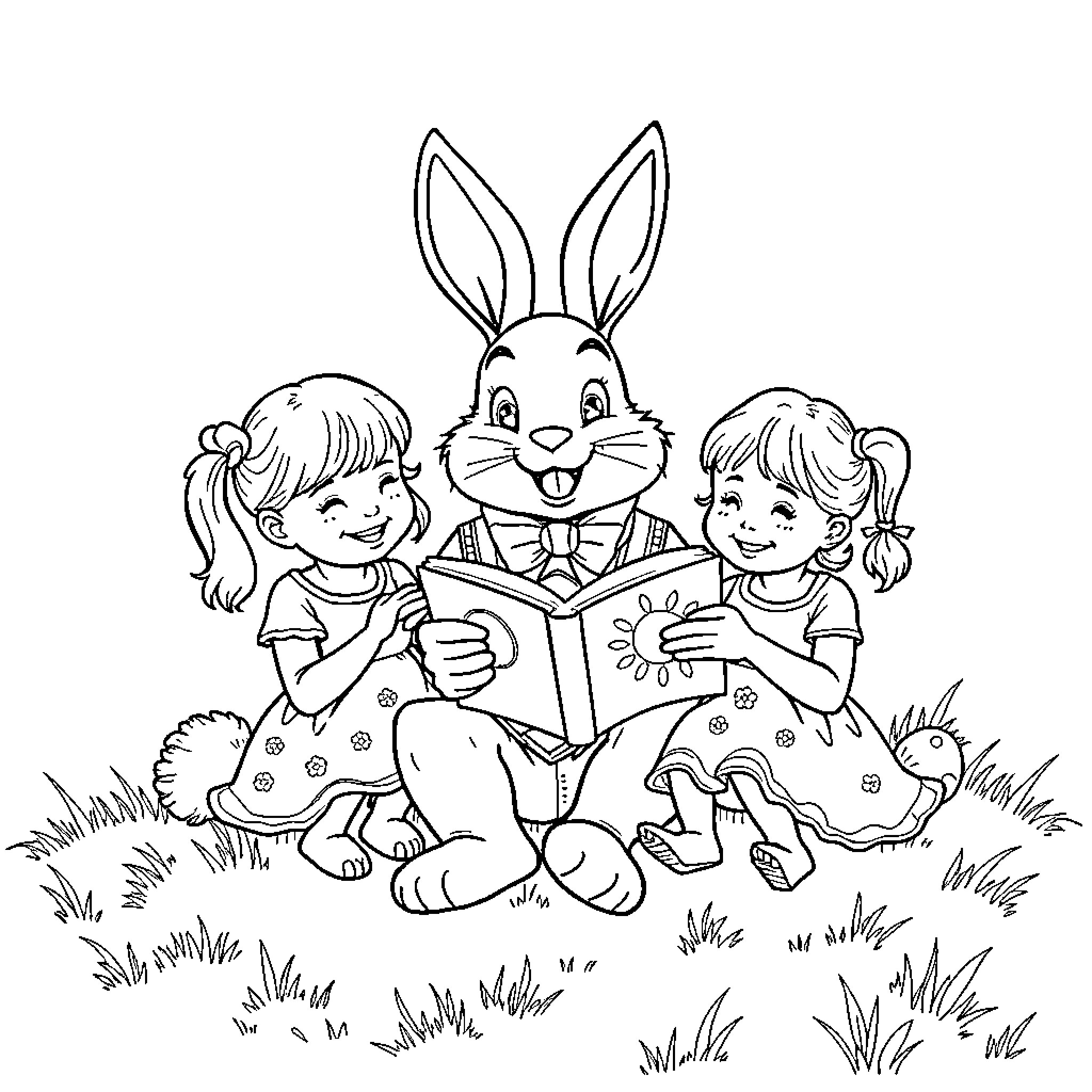 Bunny reading a book to children in the park Coloring Page (free black-and-white line drawing printable PDF for all, from beginners to advanced learners, including children, teens, adults, and seniors)