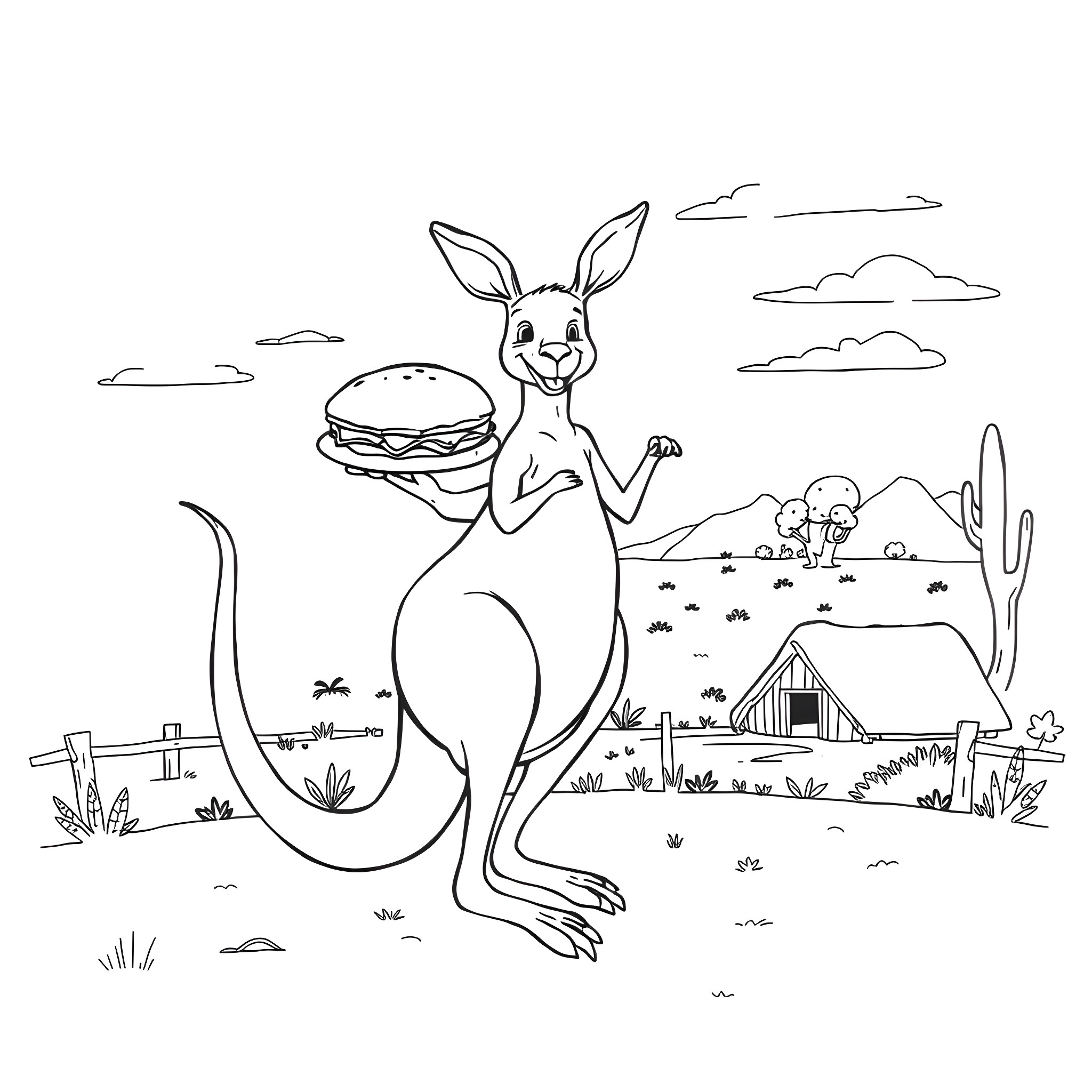 Kangaroo enjoying a tasty burger in the desert Coloring Page (free black-and-white line drawing printable PDF for all, from beginners to advanced learners, including children, teens, adults, and seniors)