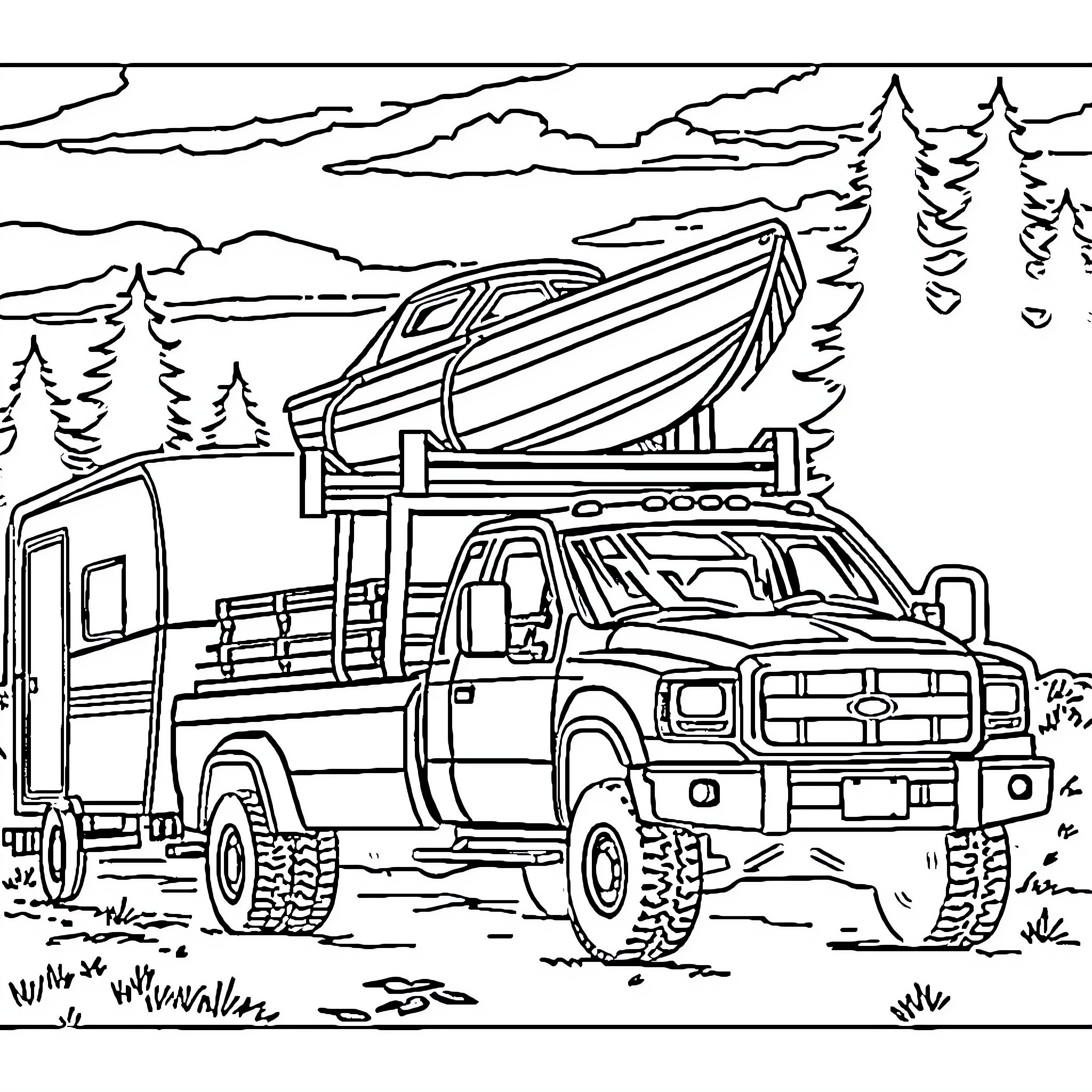 Truck transporting camper in scenic outdoors Coloring Page (free black-and-white line drawing printable PDF for all, from beginners to advanced learners, including children, teens, adults, and seniors)