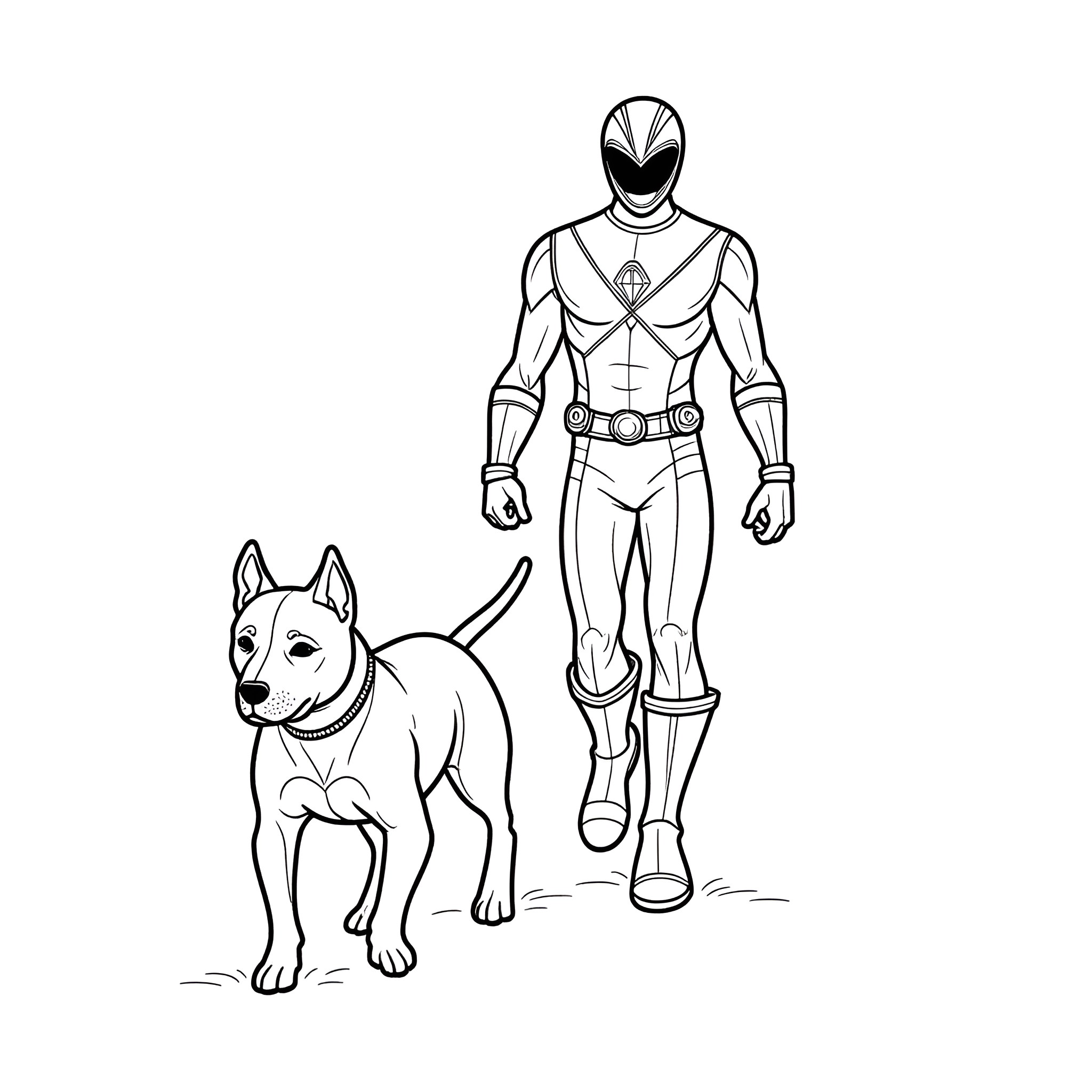 Power Ranger hero with loyal canine companion Coloring Page (free black-and-white line drawing printable PDF for all, from beginners to advanced learners, including children, teens, adults, and seniors)