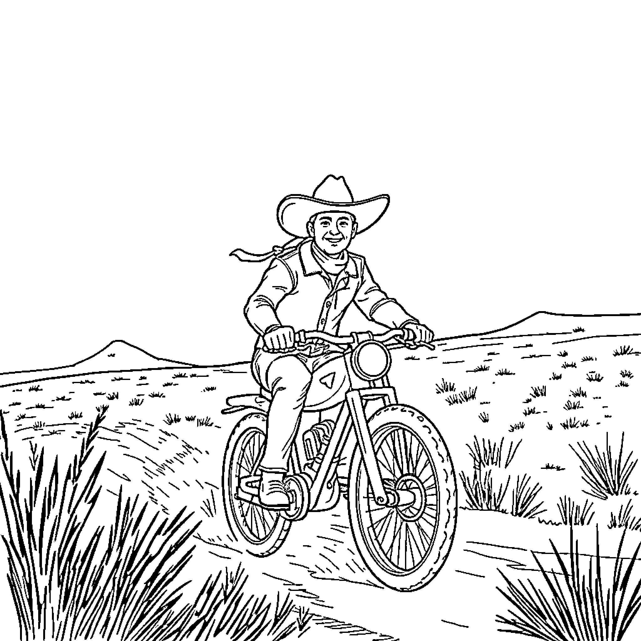Cowboy riding motorcycle through desert landscape Coloring Page (free black-and-white line drawing printable PDF for all, from beginners to advanced learners, including children, teens, adults, and seniors)