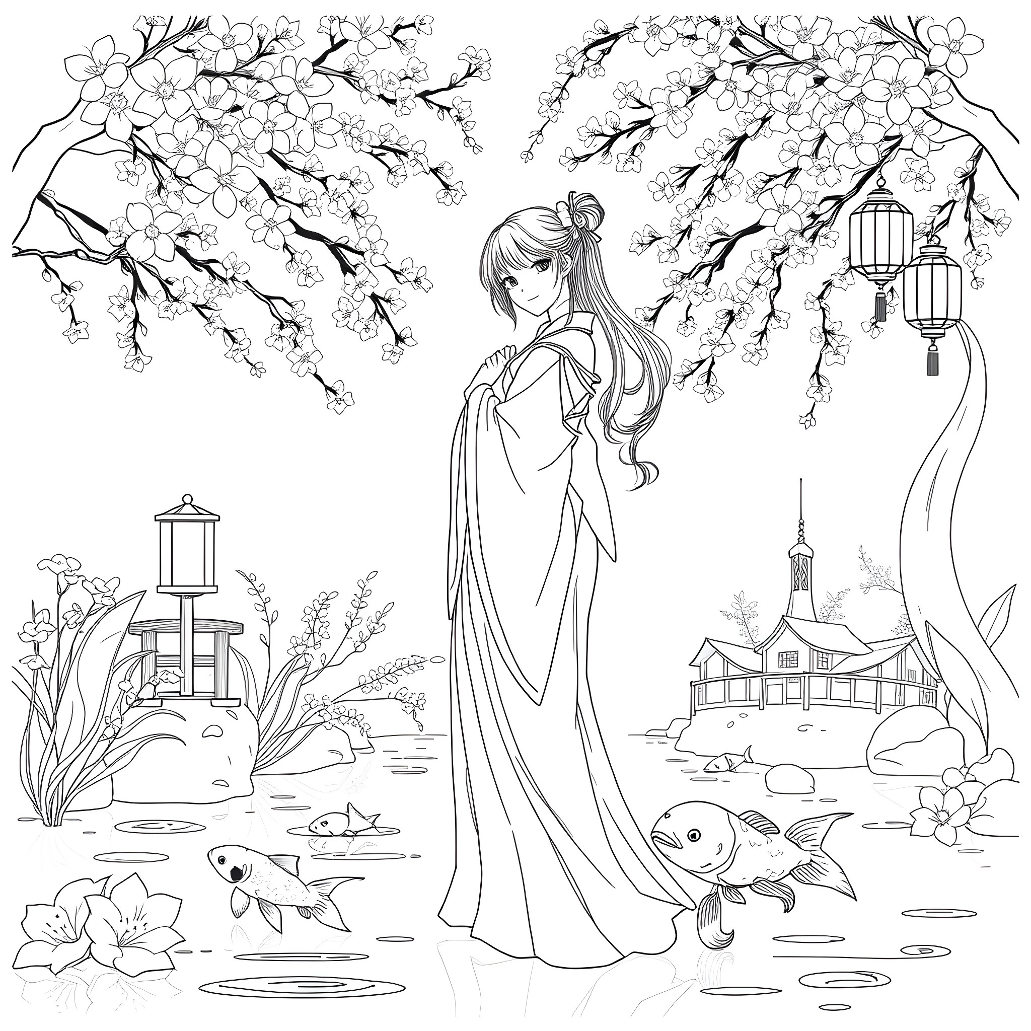 Girl in traditional Asian attire amidst cherry blossoms and lanterns Coloring Page (free black-and-white line drawing printable PDF for all, from beginners to advanced learners, including children, teens, adults, and seniors)