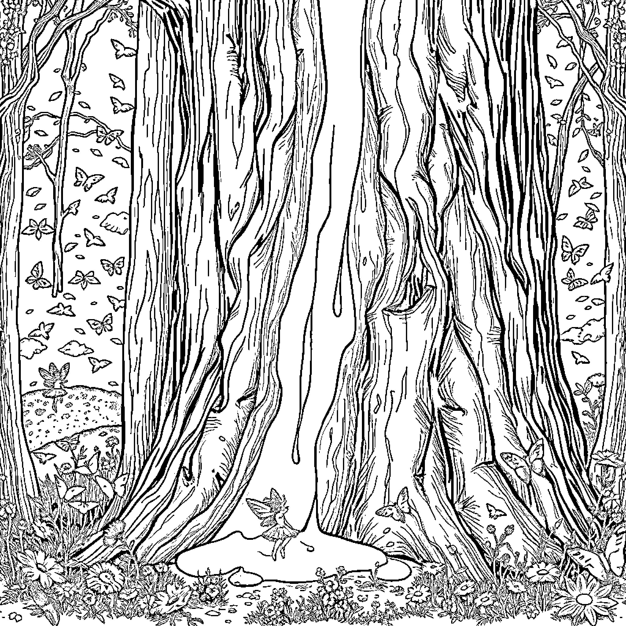 Honey Butterflies Fluttering Among the Woodland Foliage Coloring Page (free black-and-white line drawing printable PDF for all, from beginners to advanced learners, including children, teens, adults, and seniors)