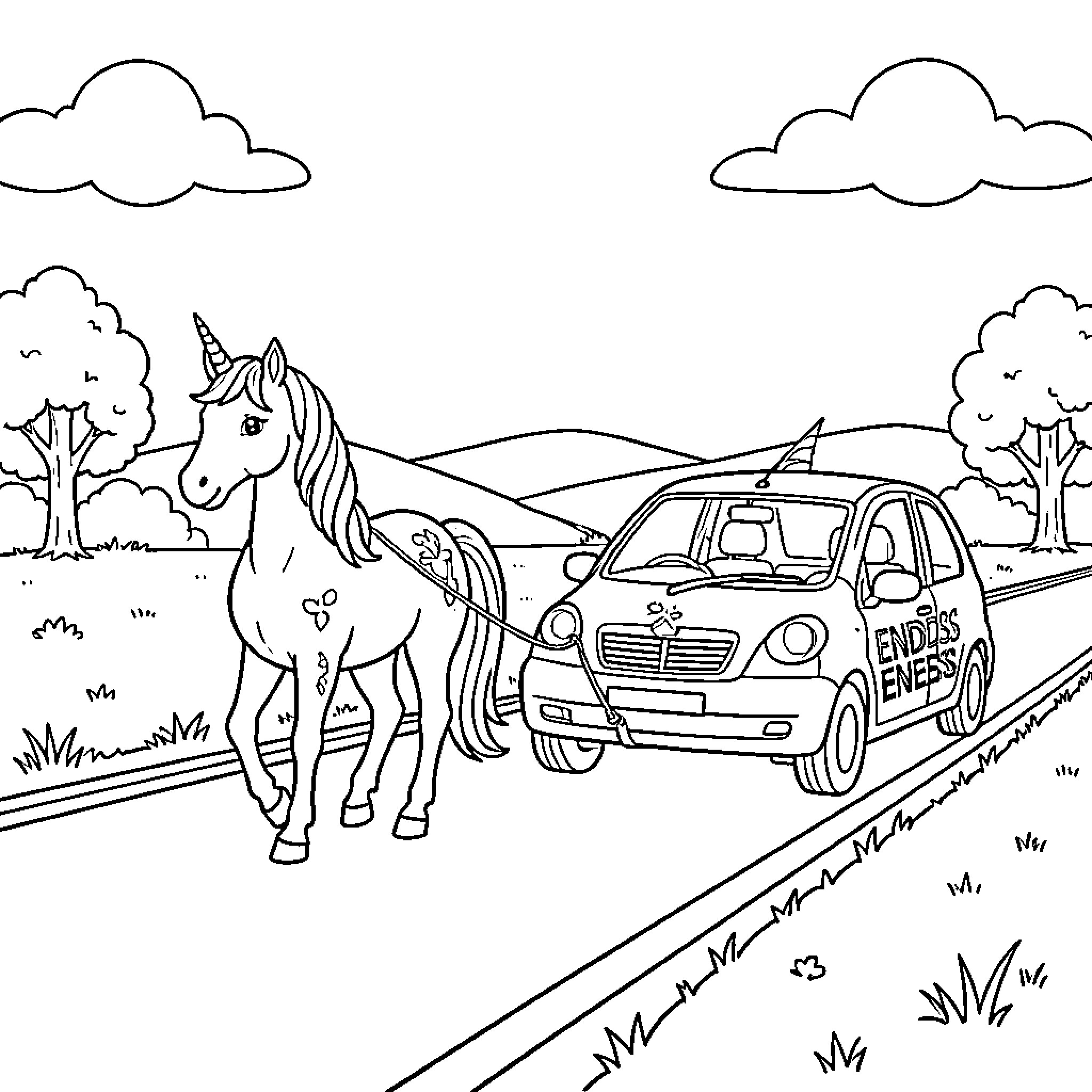 Licorne and car on a country road Coloring Page (free black-and-white line drawing printable PDF for all, from beginners to advanced learners, including children, teens, adults, and seniors)