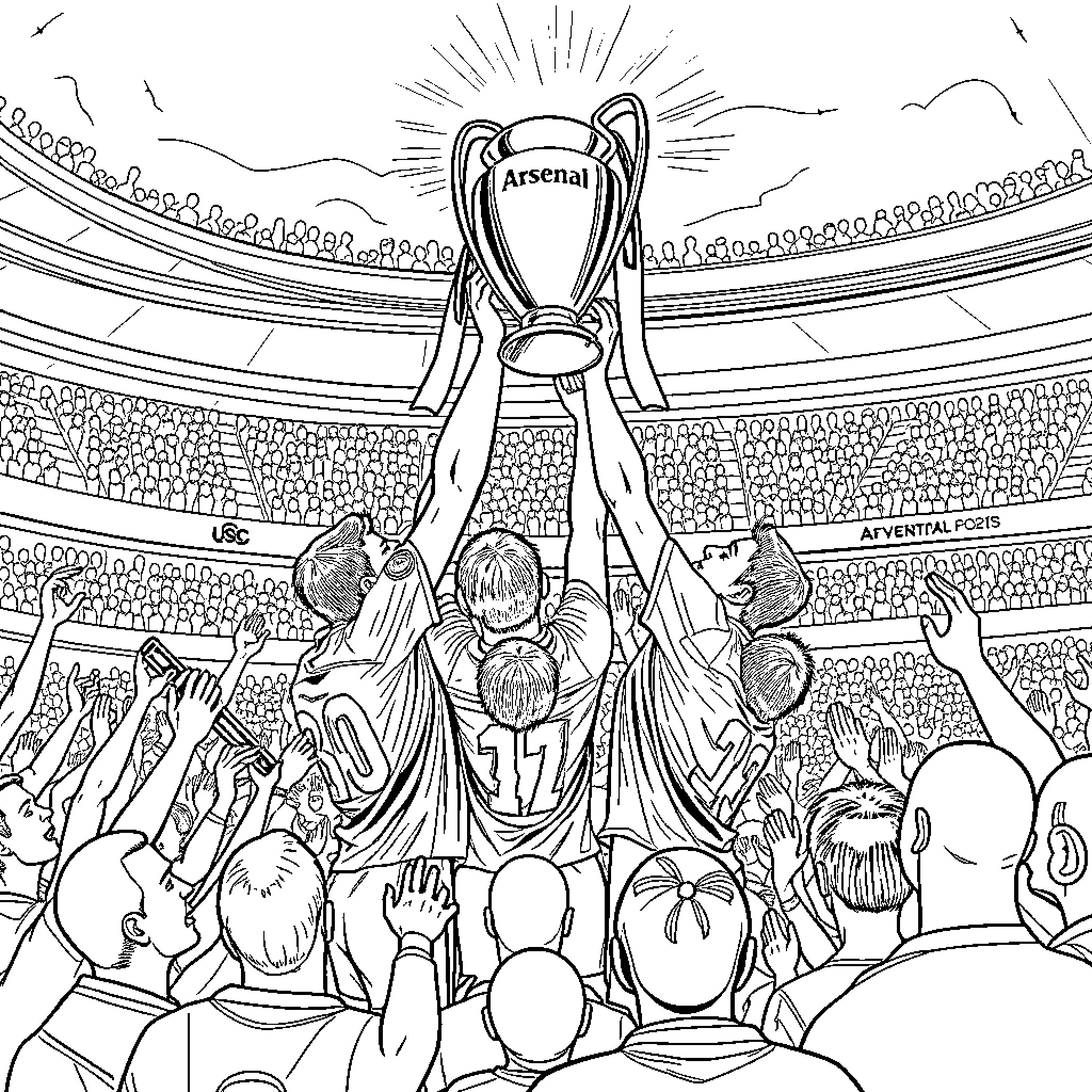 Arsenal players raising the trophy in a crowded stadium Coloring Page (free black-and-white line drawing printable PDF for all, from beginners to advanced learners, including children, teens, adults, and seniors)