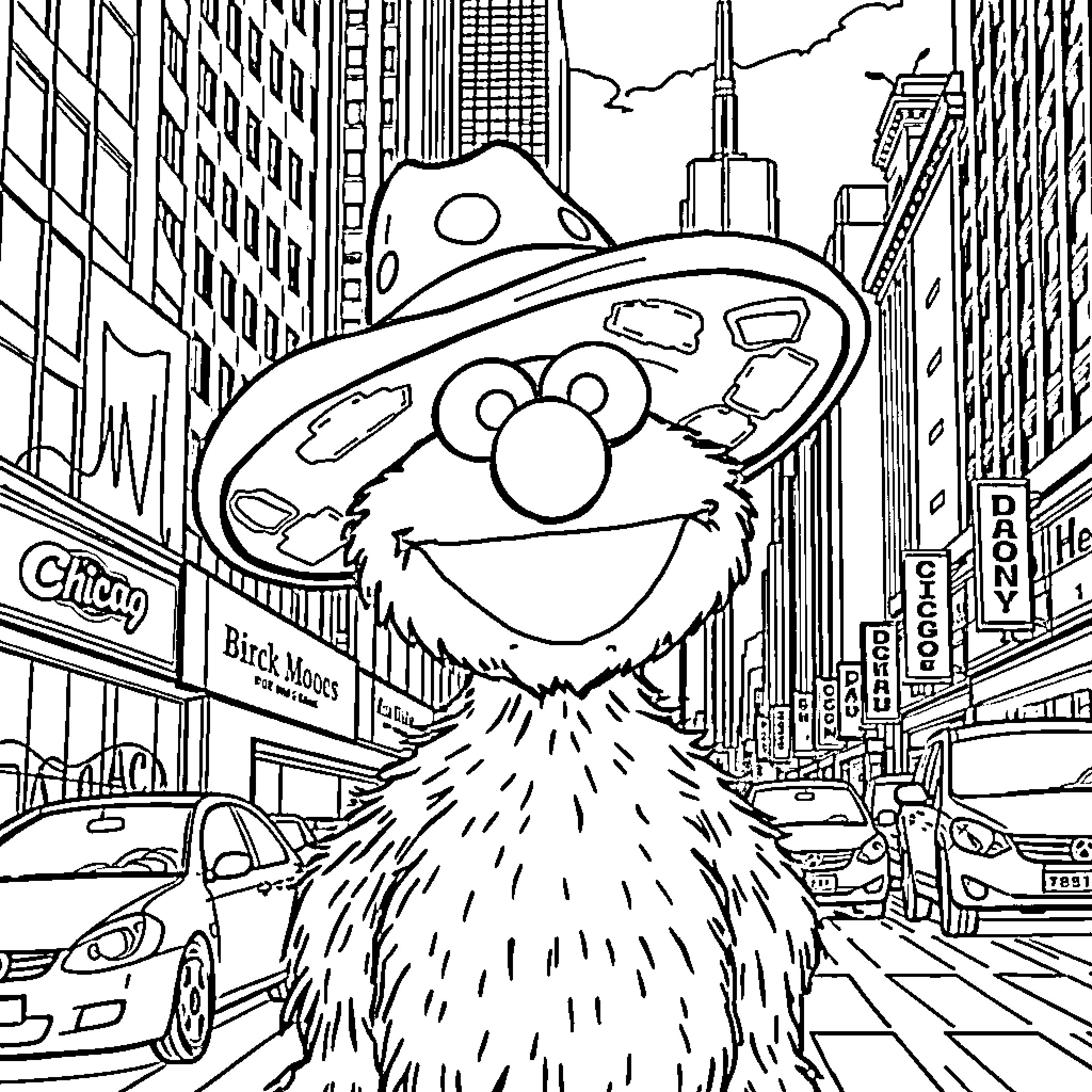 Elmo visits the bustling city streets Coloring Page (free black-and-white line drawing printable PDF for all, from beginners to advanced learners, including children, teens, adults, and seniors)