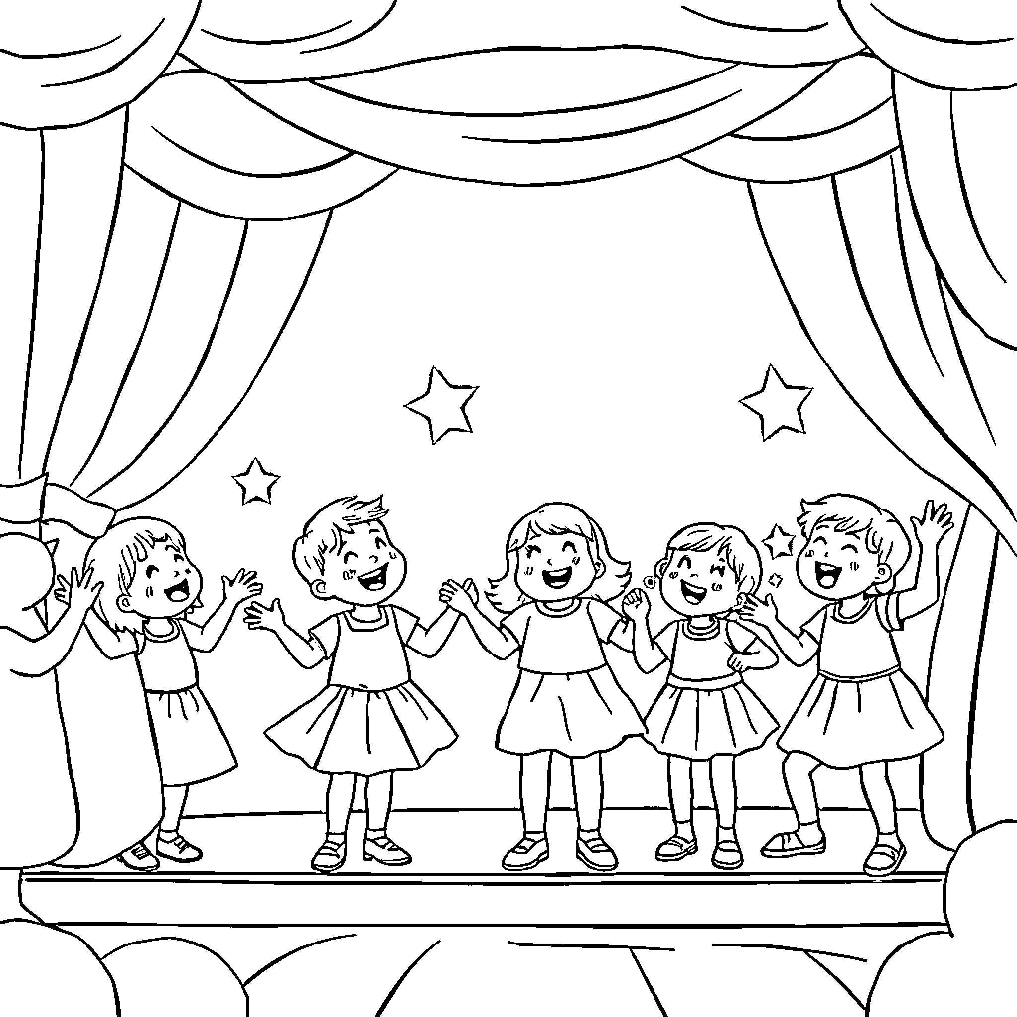 Child performers on stage with curtains and stars Coloring Page (free black-and-white line drawing printable PDF for all, from beginners to advanced learners, including children, teens, adults, and seniors)
