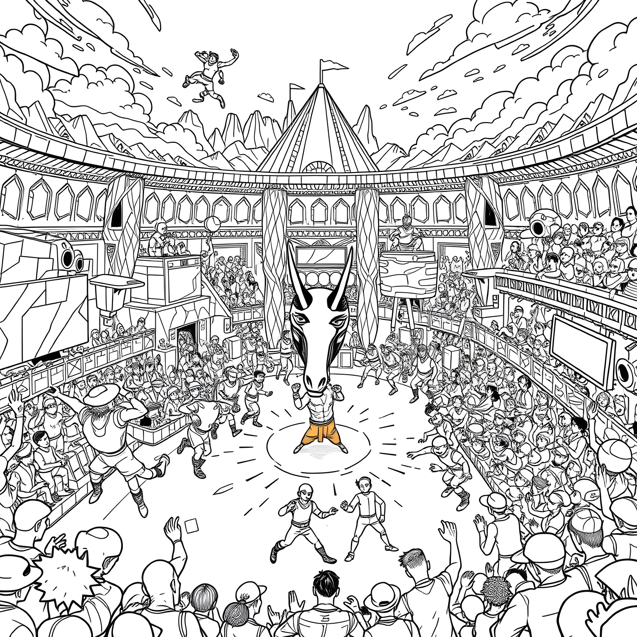 Brawl Stars: Intense Battle in the Colosseum Arena Coloring Page (free black-and-white line drawing printable PDF for all, from beginners to advanced learners, including children, teens, adults, and seniors)