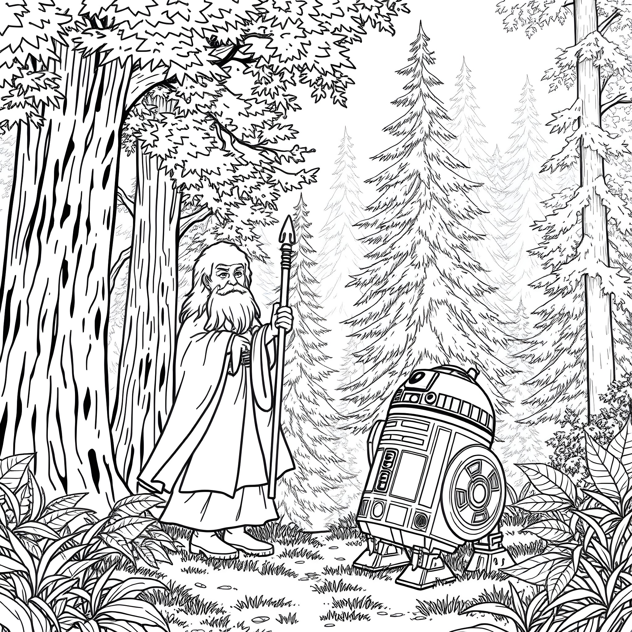 Gandalf's Magical Journey through the Enchanted Forest Coloring Page (free black-and-white line drawing printable PDF for all, from beginners to advanced learners, including children, teens, adults, and seniors)