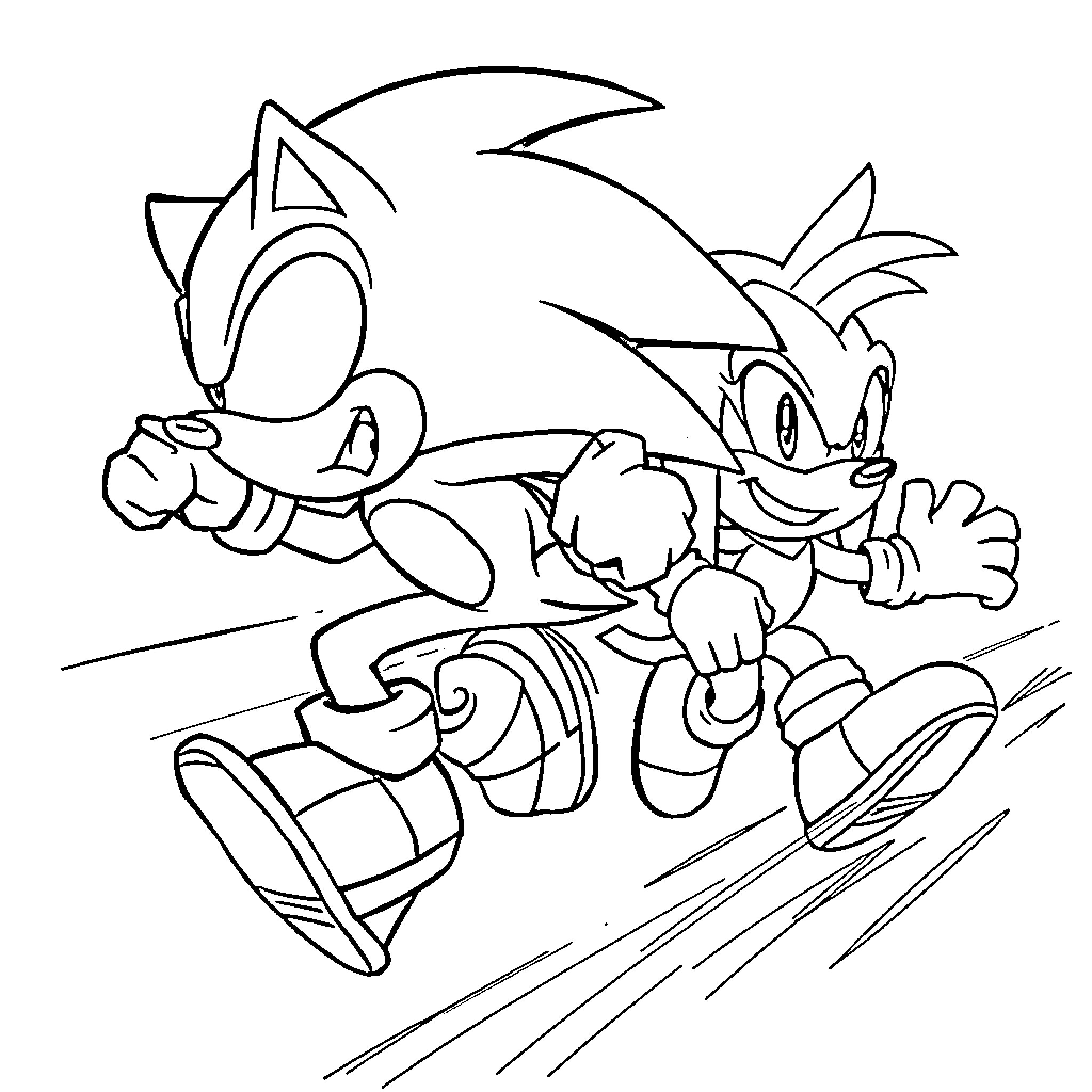 Sonic characters racing speedily forward Coloring Page (free black-and-white line drawing printable PDF for all, from beginners to advanced learners, including children, teens, adults, and seniors)