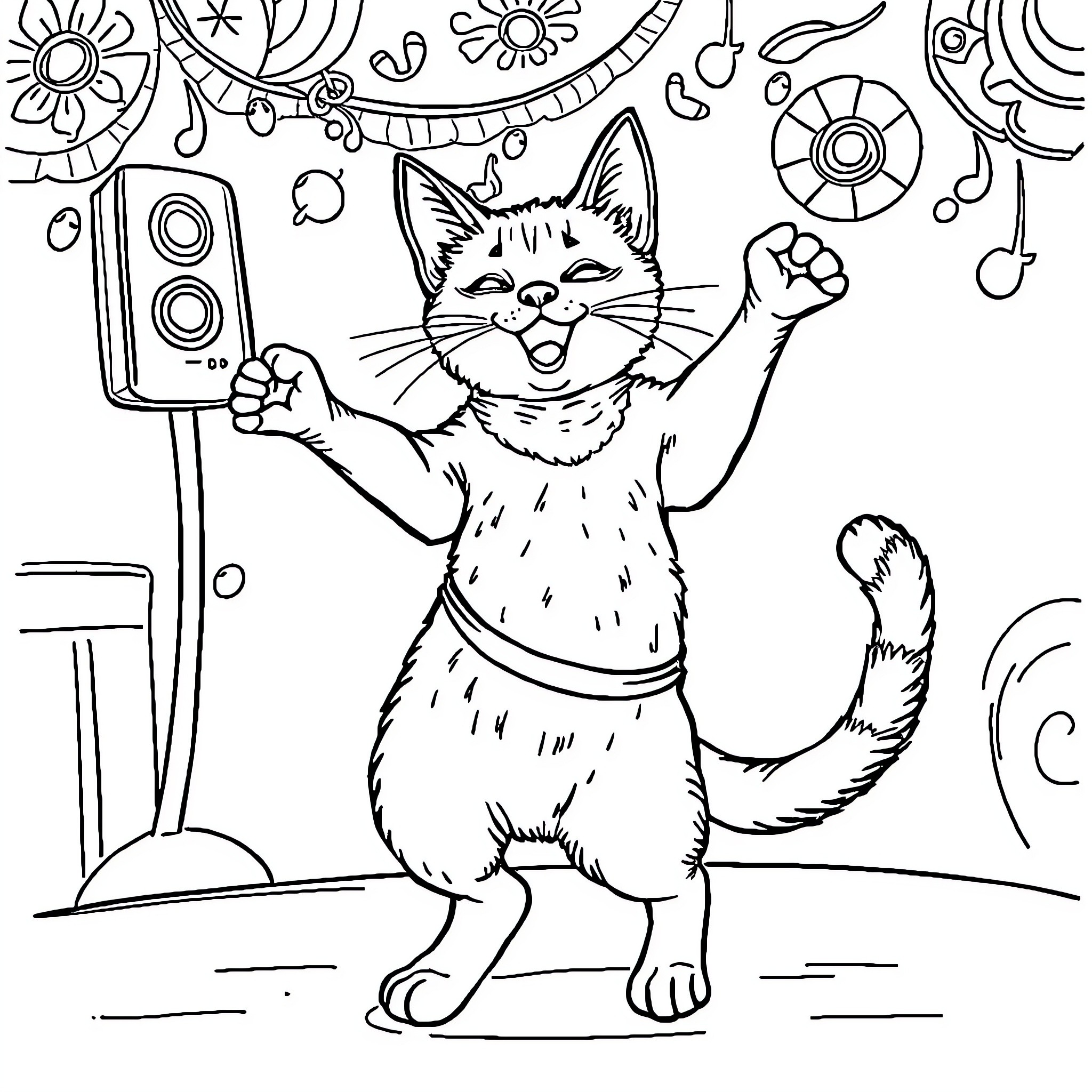 Siamese Cat Enjoying Music and Dancing Coloring Page (free black-and-white line drawing printable PDF for all, from beginners to advanced learners, including children, teens, adults, and seniors)