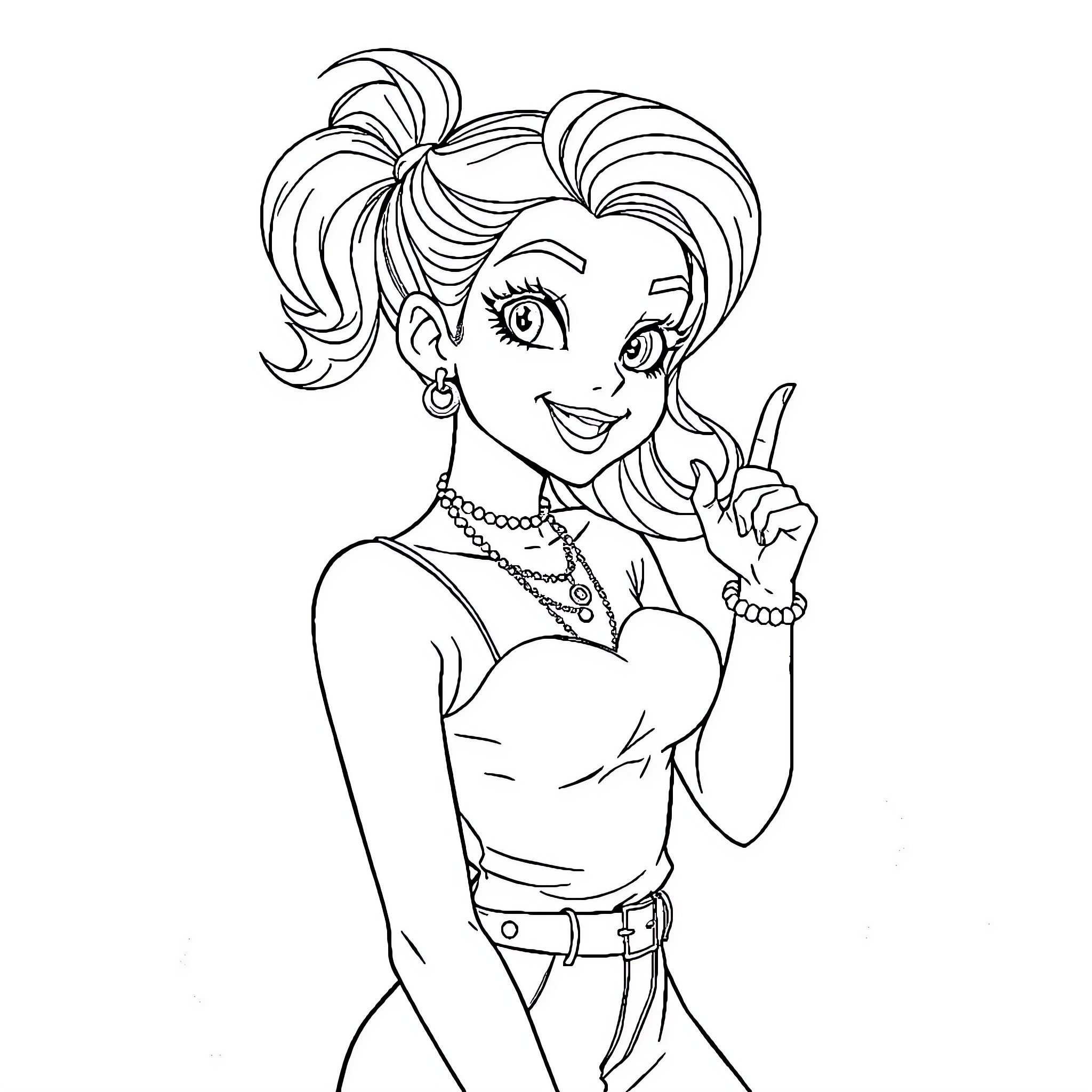 Belle Delphine posing playfully with accessories Coloring Page (free black-and-white line drawing printable PDF for all, from beginners to advanced learners, including children, teens, adults, and seniors)