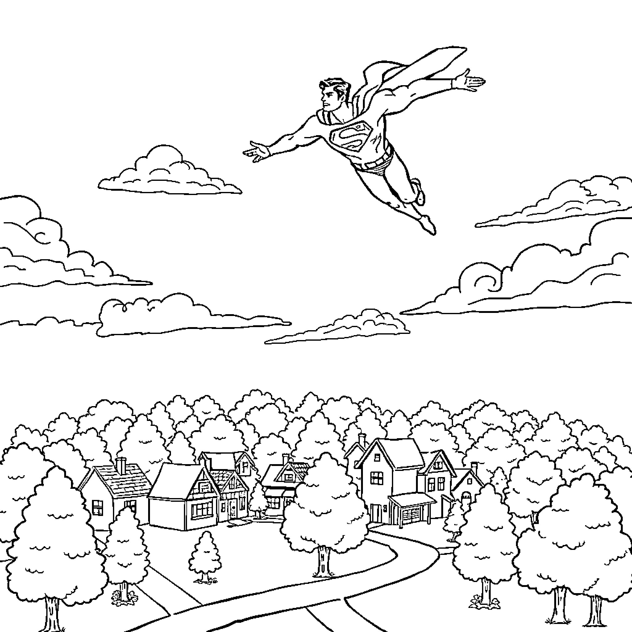 Superman soaring above the idyllic town in the clouds Coloring Page (free black-and-white line drawing printable PDF for all, from beginners to advanced learners, including children, teens, adults, and seniors)