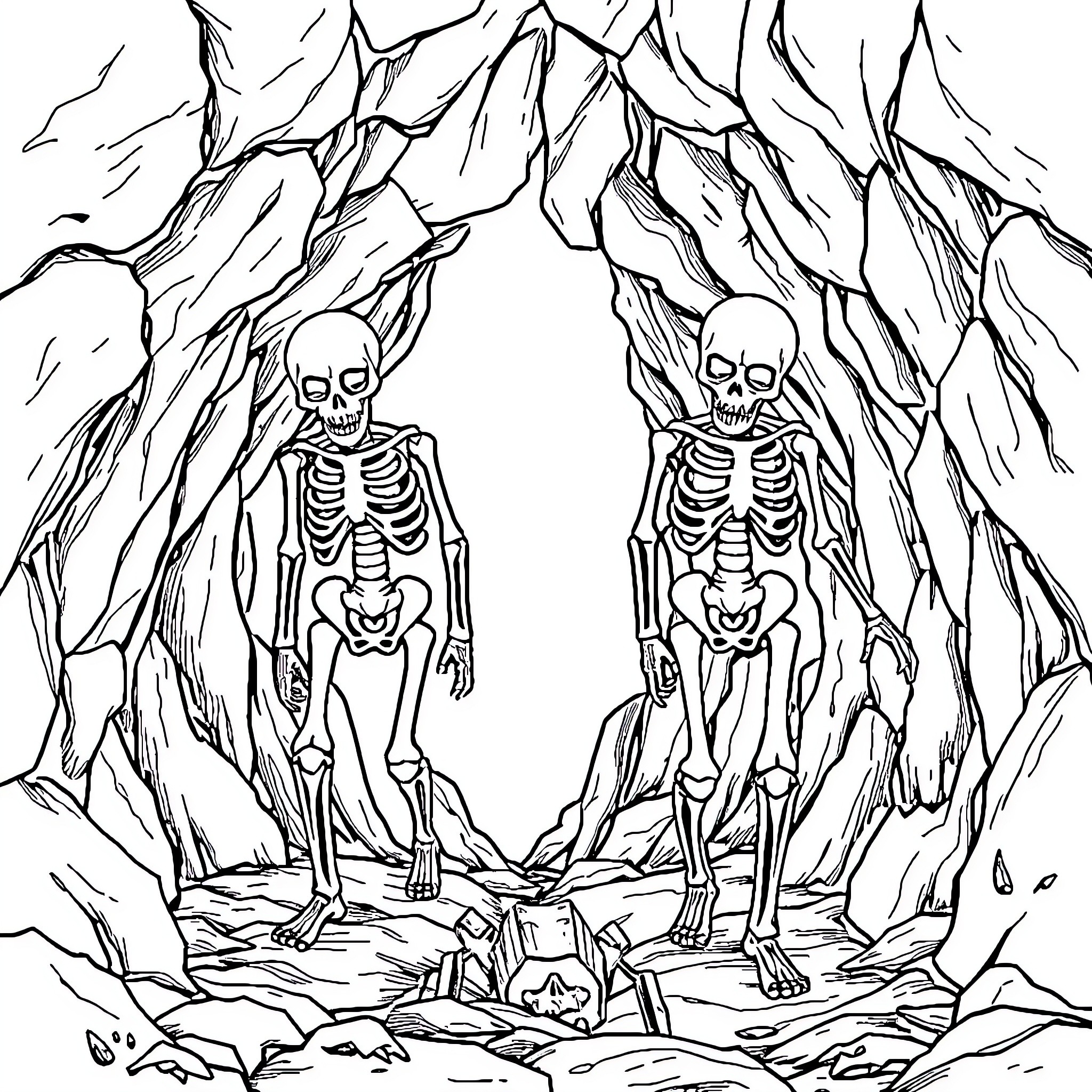 Skeleton warriors emerging from dark cave Coloring Page (free black-and-white line drawing printable PDF for all, from beginners to advanced learners, including children, teens, adults, and seniors)