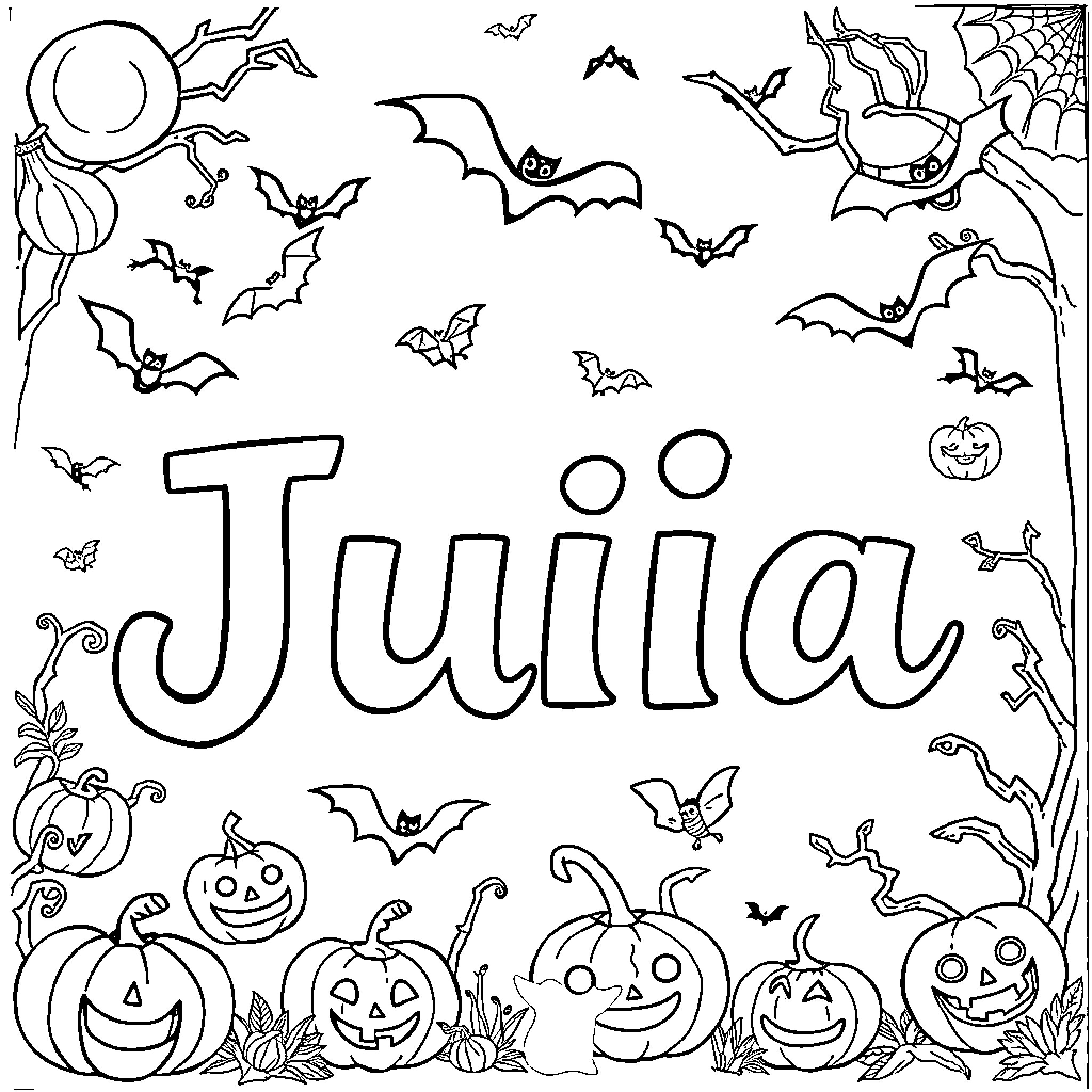 Julia's Halloween Adventure with Pumpkins and Bats Coloring Page (free black-and-white line drawing printable PDF for all, from beginners to advanced learners, including children, teens, adults, and seniors)