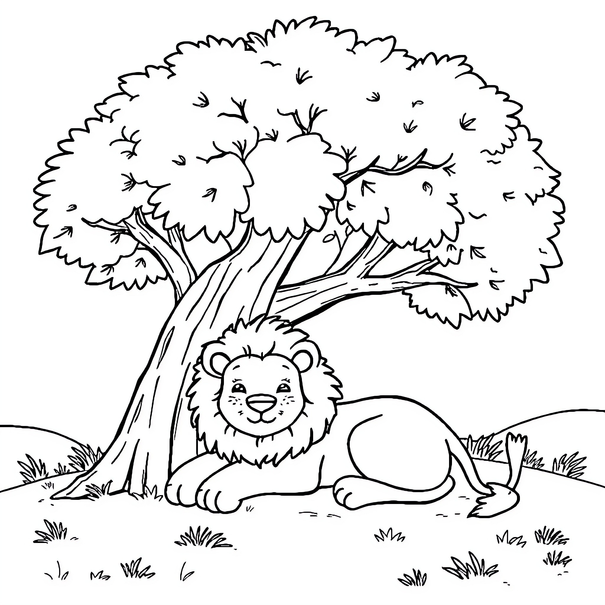 Lion resting under a shady tree Coloring Page (free black-and-white line drawing printable PDF for all, from beginners to advanced learners, including children, teens, adults, and seniors)