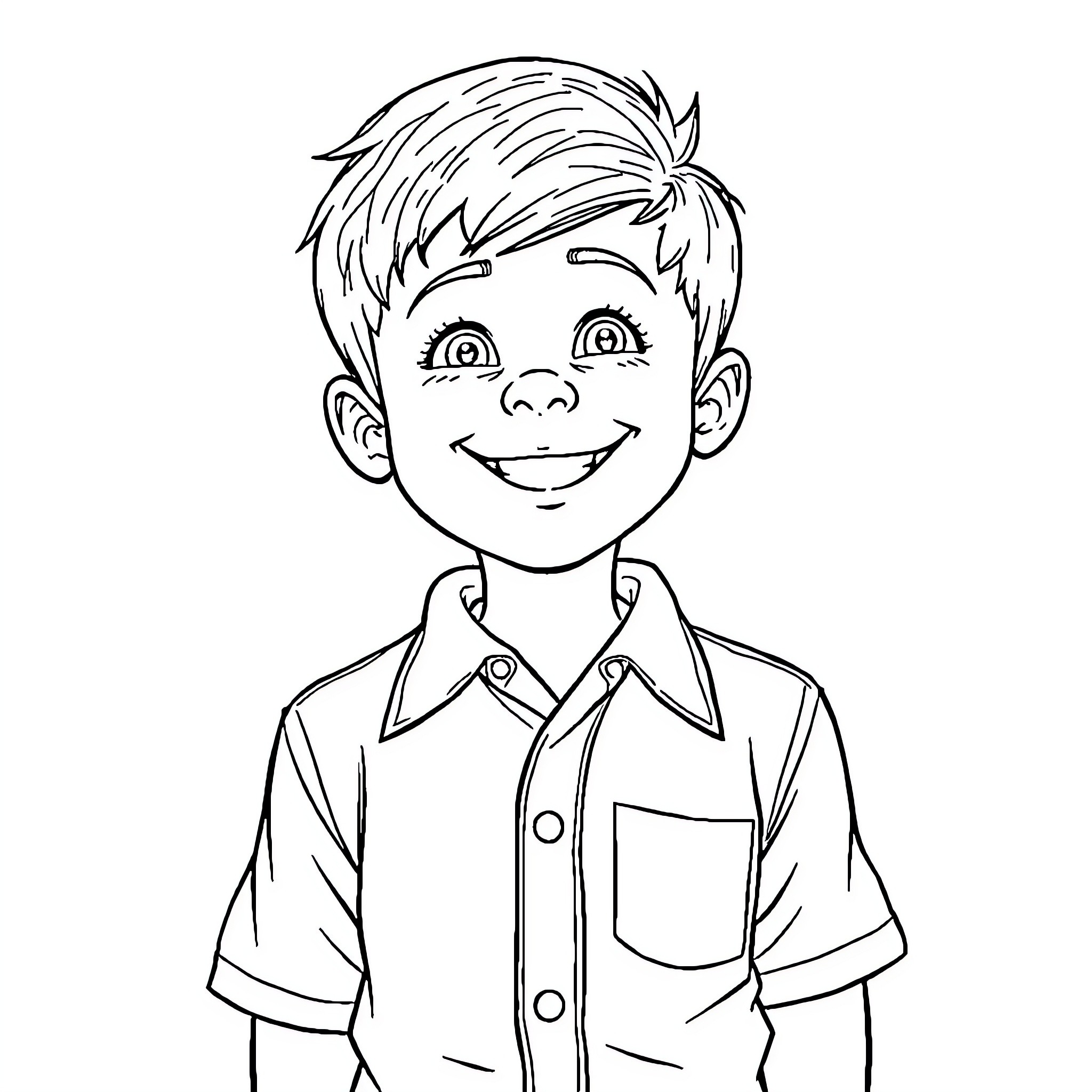 Boy smiling happily in casual outfit Coloring Page (free black-and-white line drawing printable PDF for all, from beginners to advanced learners, including children, teens, adults, and seniors)