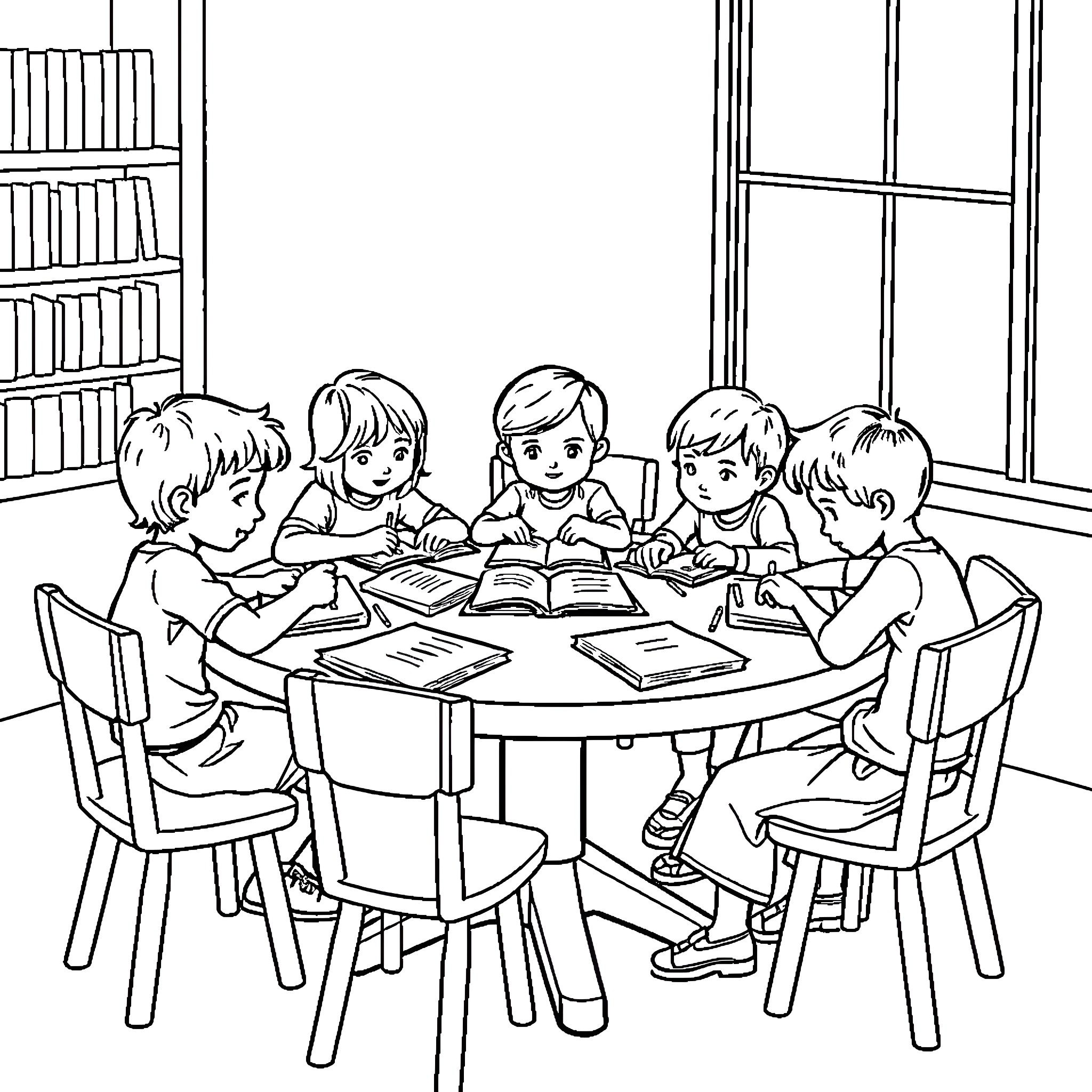 Child Study Group Gathered Around Table Coloring Page (free black-and-white line drawing printable PDF for all, from beginners to advanced learners, including children, teens, adults, and seniors)