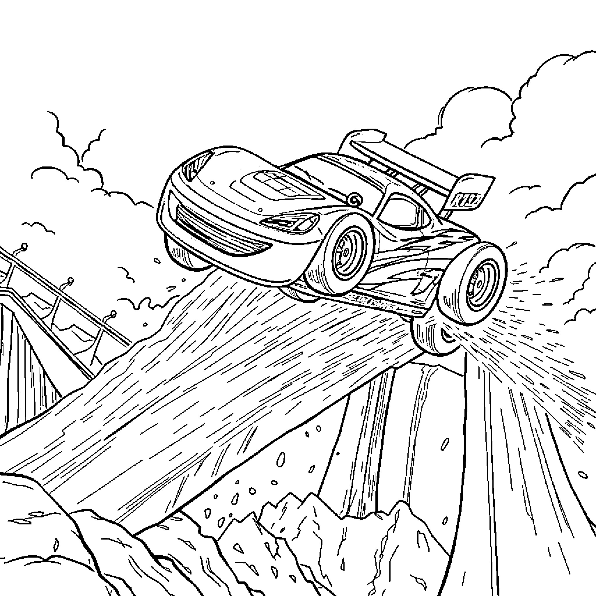 Racecar speeding across the rugged terrain Coloring Page (free black-and-white line drawing printable PDF for all, from beginners to advanced learners, including children, teens, adults, and seniors)