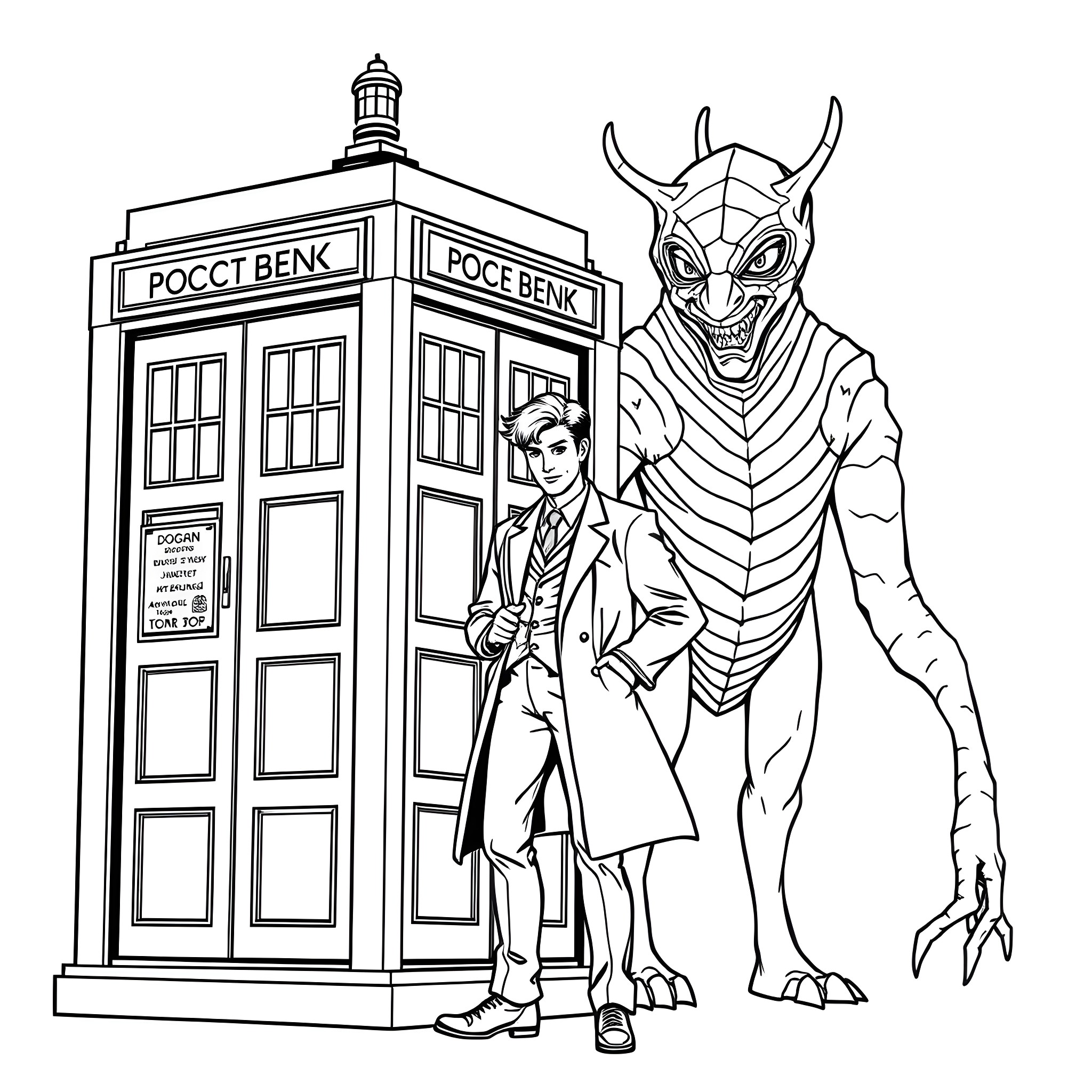 Doctor and Alien in Retro Police Box Scene Coloring Page (free black-and-white line drawing printable PDF for all, from beginners to advanced learners, including children, teens, adults, and seniors)