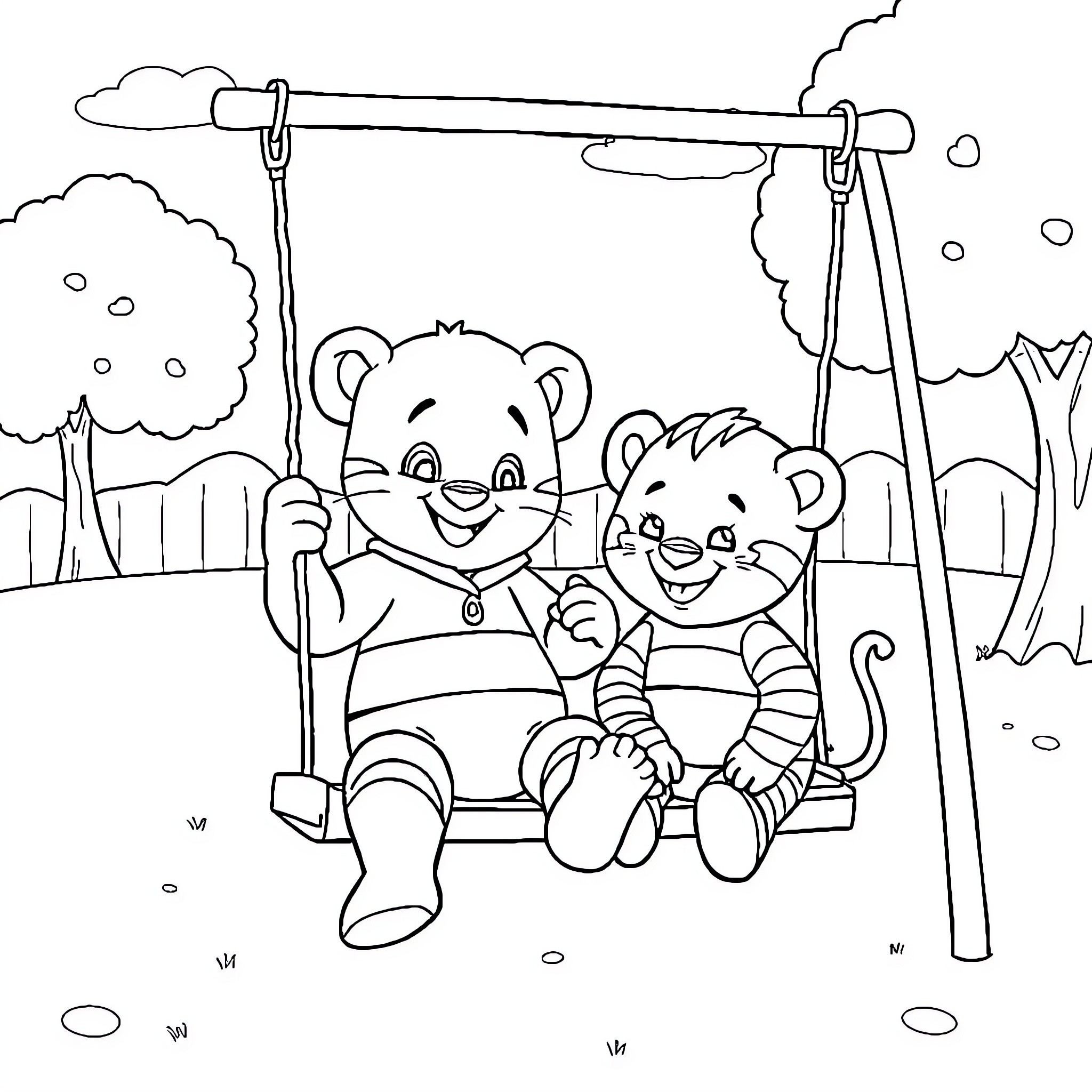 Labubu's Playful Swing Time with Friend Coloring Page (free black-and-white line drawing printable PDF for all, from beginners to advanced learners, including children, teens, adults, and seniors)