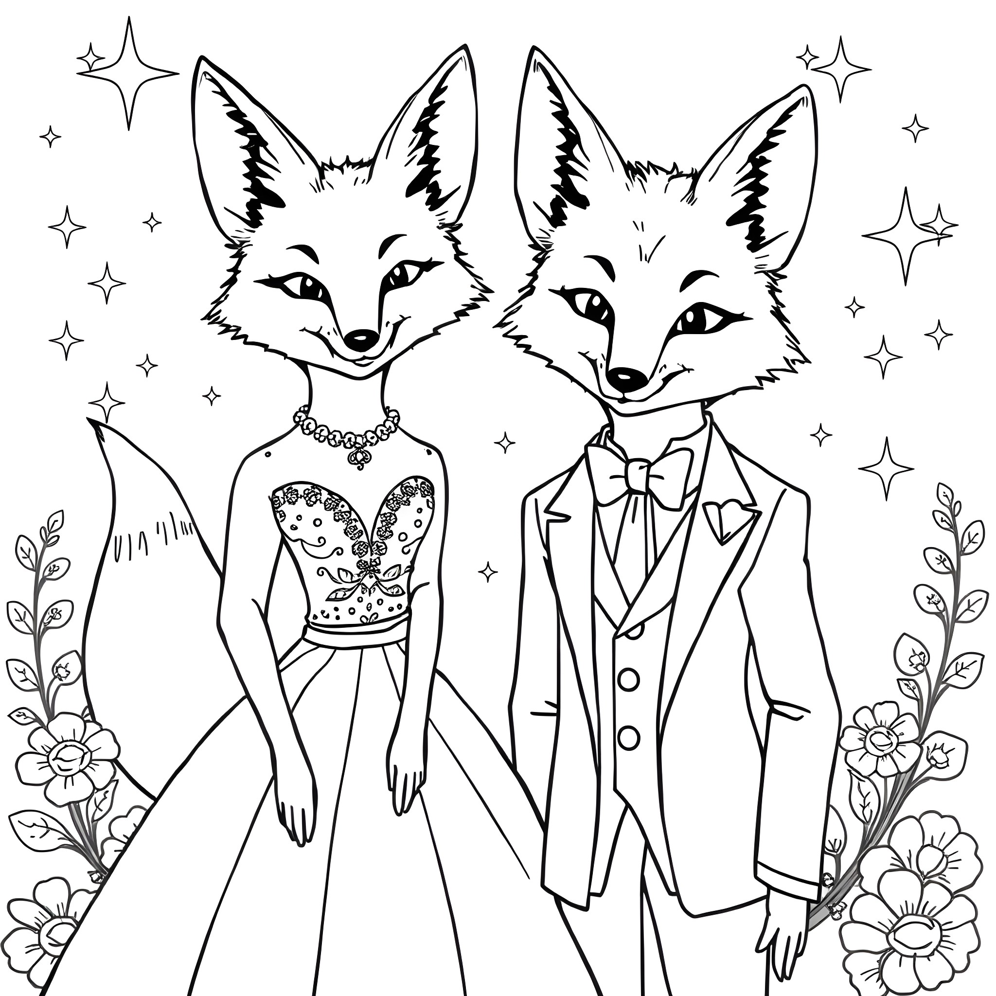 Fox couple in formal attire with flowers Coloring Page (free black-and-white line drawing printable PDF for all, from beginners to advanced learners, including children, teens, adults, and seniors)