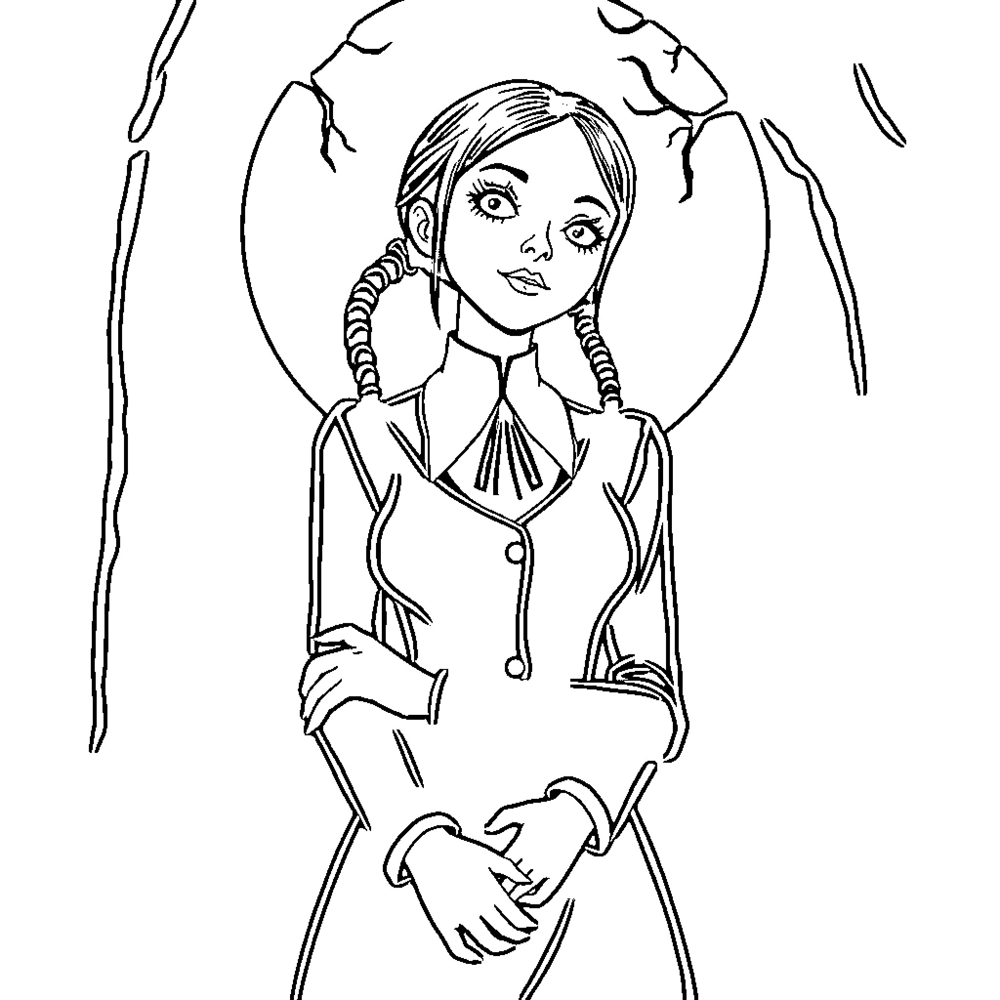 Wednesday Addams in dark, whimsical style Coloring Page (free black-and-white line drawing printable PDF for all, from beginners to advanced learners, including children, teens, adults, and seniors)
